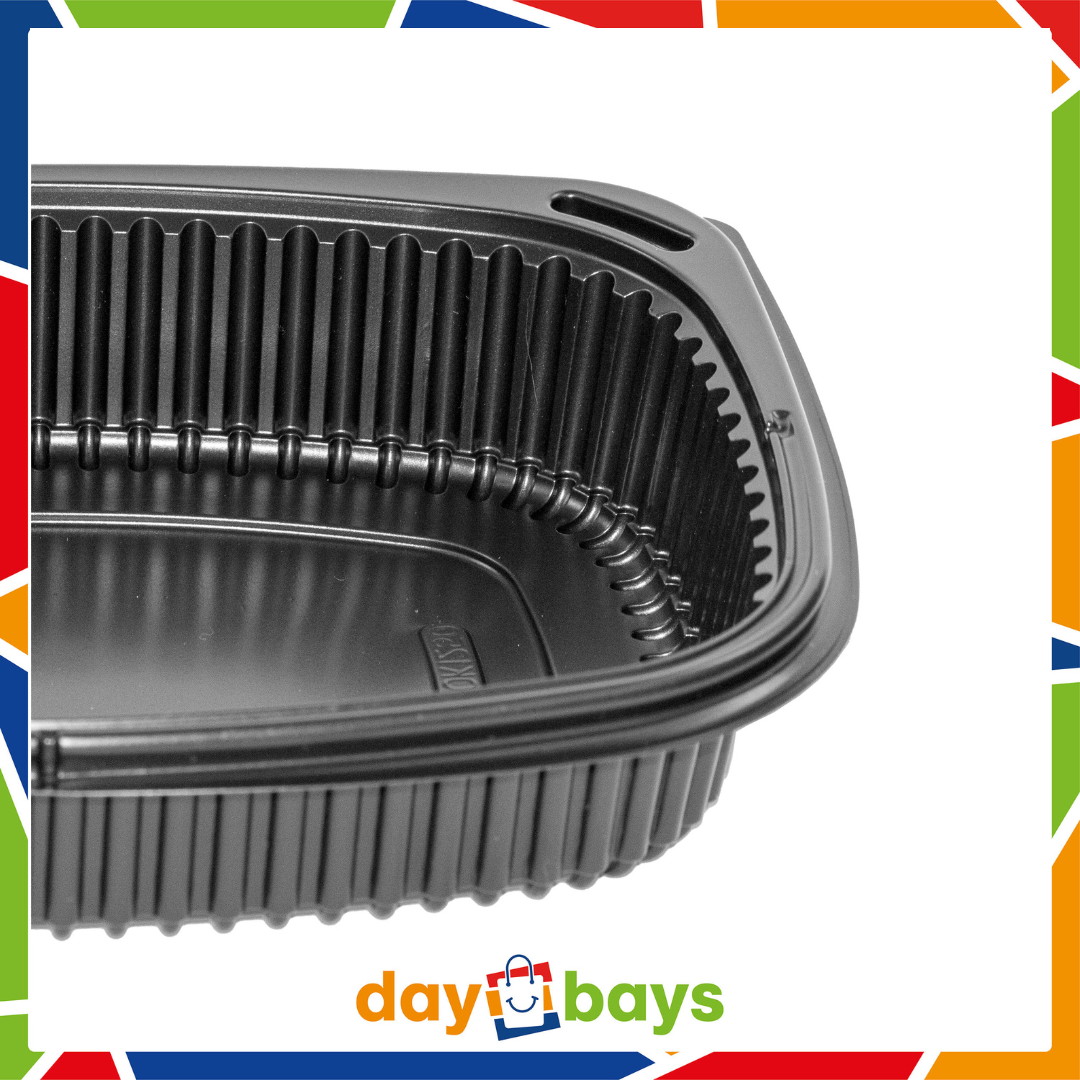 DayBays Mikrowellen Menüschale Cookipack Ungeteilt 1250 cc 255x190x45 mm PP Schwarz mit transparentem Deckel