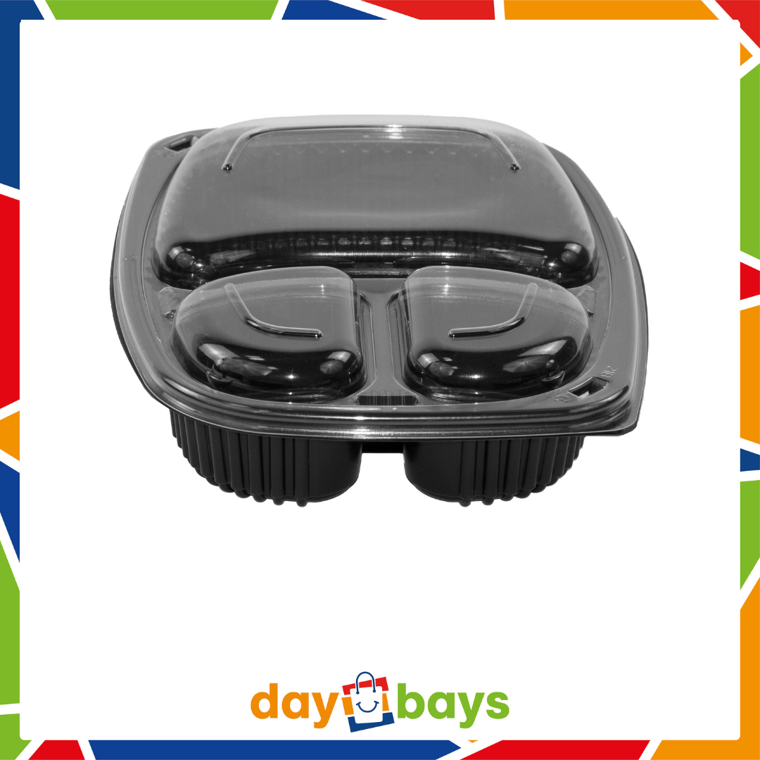 DayBays Mikrowellen Menüschale Cookipack 3-geteilt 1250 cc 255x190x45 mm PP Schwarz mit transparentem Deckel