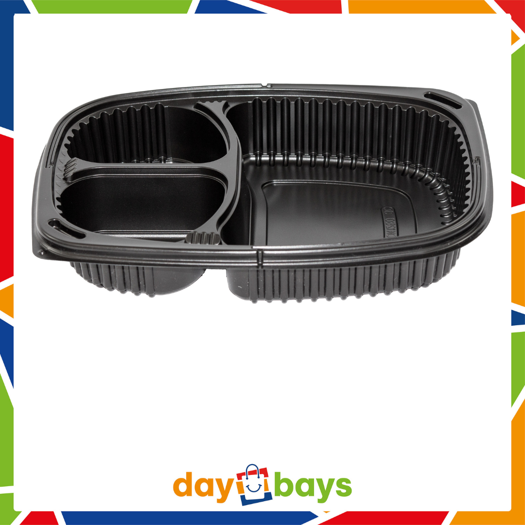 DayBays Mikrowellen Menüschale Cookipack 3-geteilt 1250 cc 255x190x45 mm PP Schwarz mit transparentem Deckel