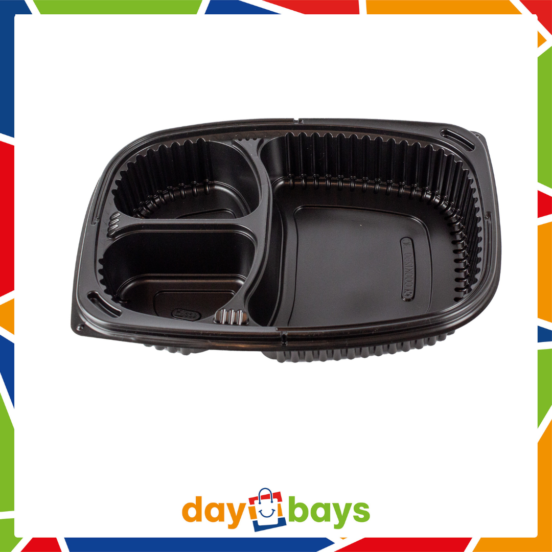 DayBays Mikrowellen Menüschale Cookipack 3-geteilt 1250 cc 255x190x45 mm PP Schwarz mit transparentem Deckel
