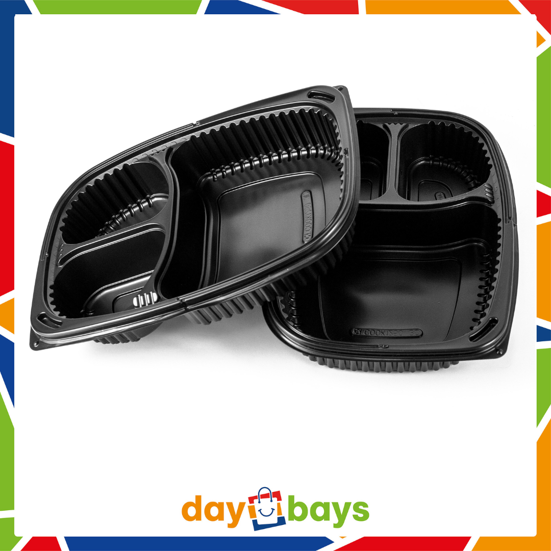DayBays Mikrowellen Menüschale Cookipack 3-geteilt 1250 cc 255x190x45 mm PP Schwarz mit transparentem Deckel