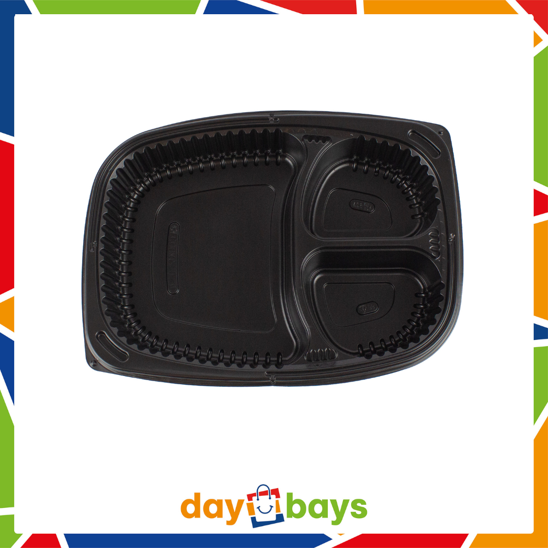 DayBays Mikrowellen Menüschale Cookipack 3-geteilt 1250 cc 255x190x45 mm PP Schwarz mit transparentem Deckel