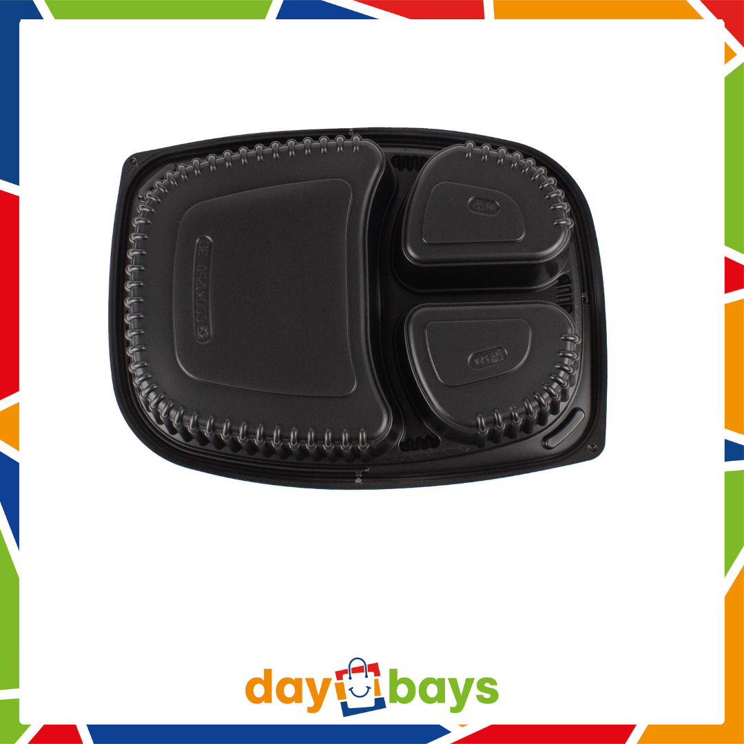 DayBays Mikrowellen Menüschale Cookipack 3-geteilt 1250 cc 255x190x45 mm PP Schwarz mit transparentem Deckel