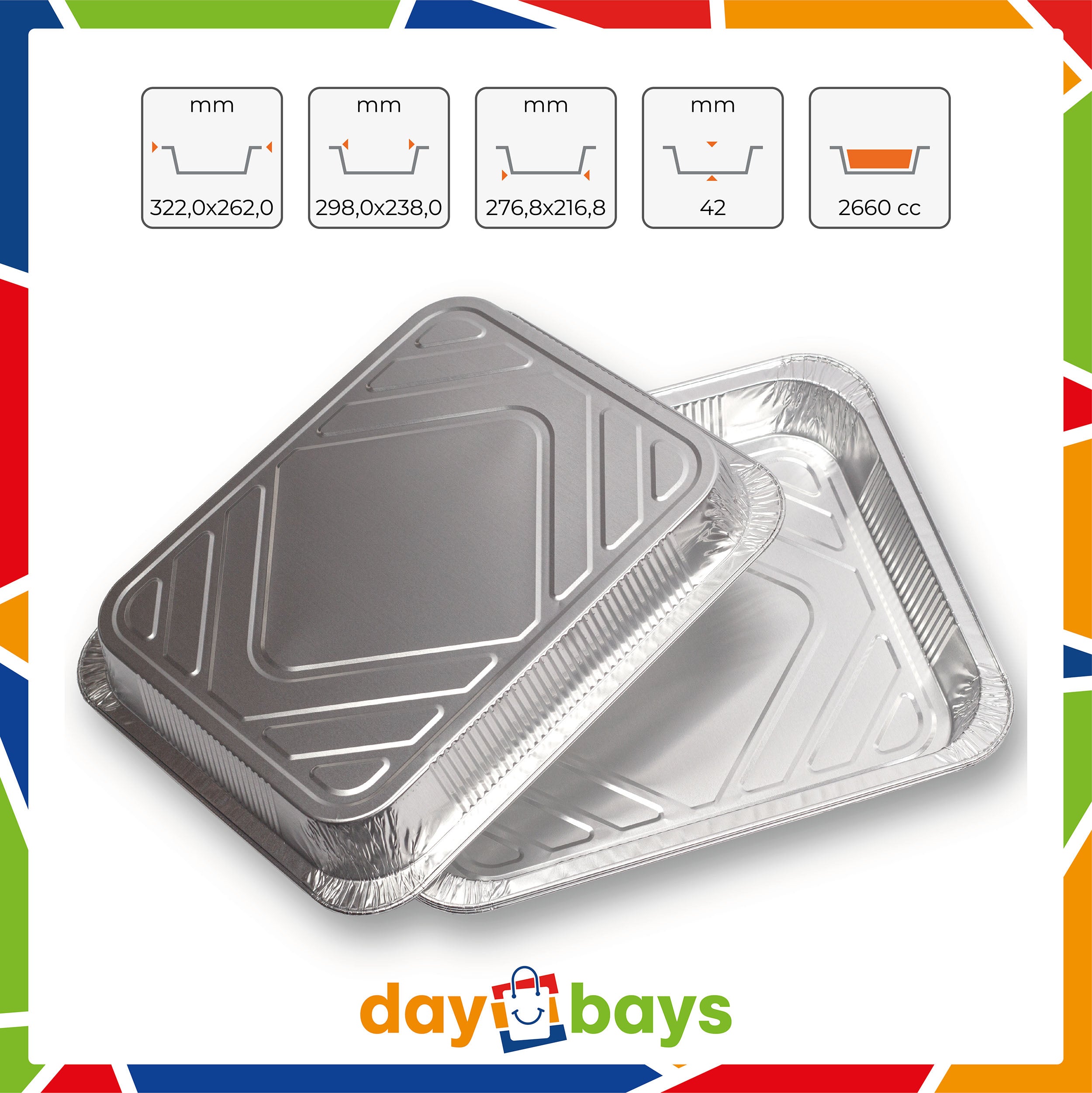 DayBays Aluschale für 2kg R2000G 2660ml 322x262x42 mm 2660cc Extra Stark Rechteckig
