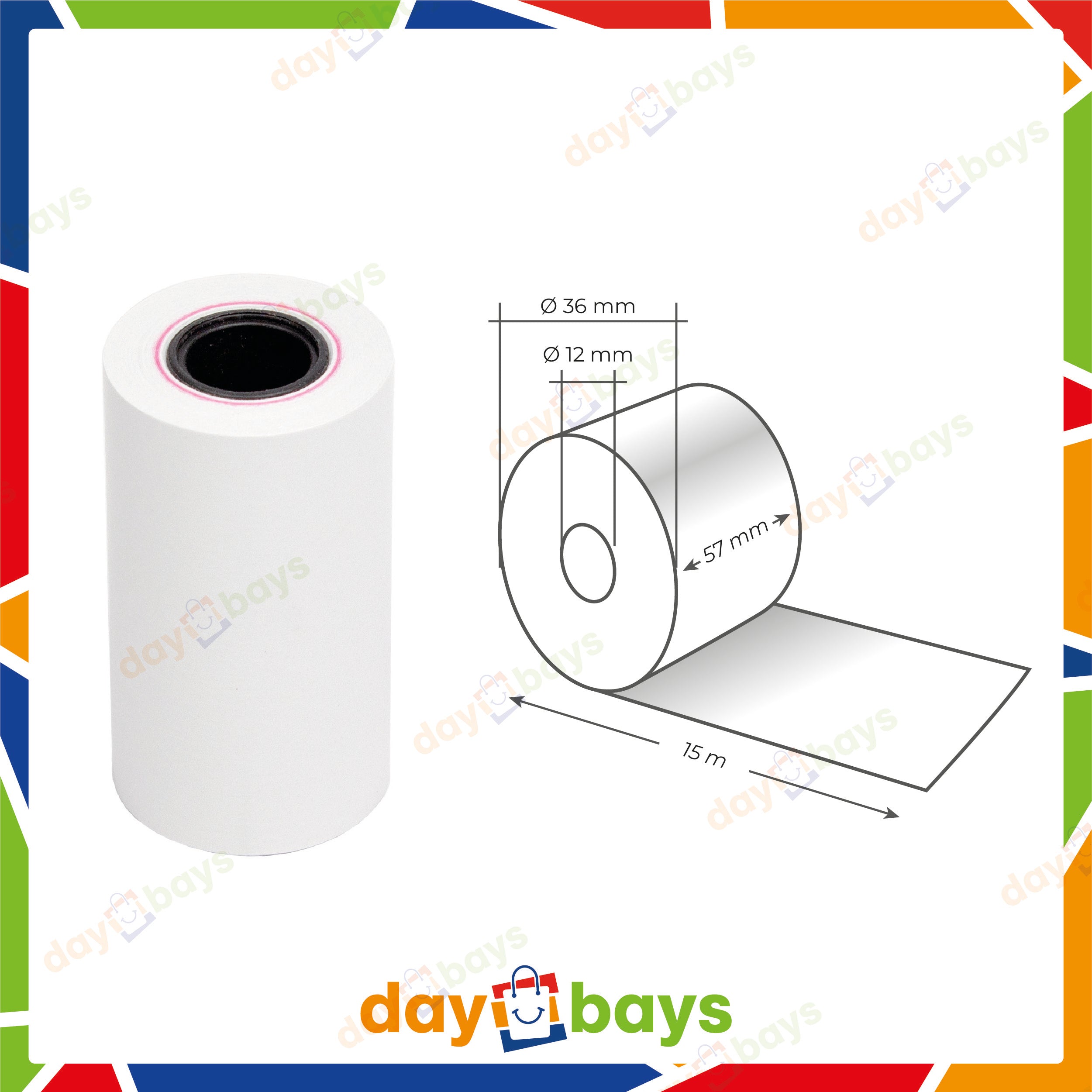 DayBays Thermorolle 57x36x12 mm 15 meter pro Rolle Kassenrollen aus Papier