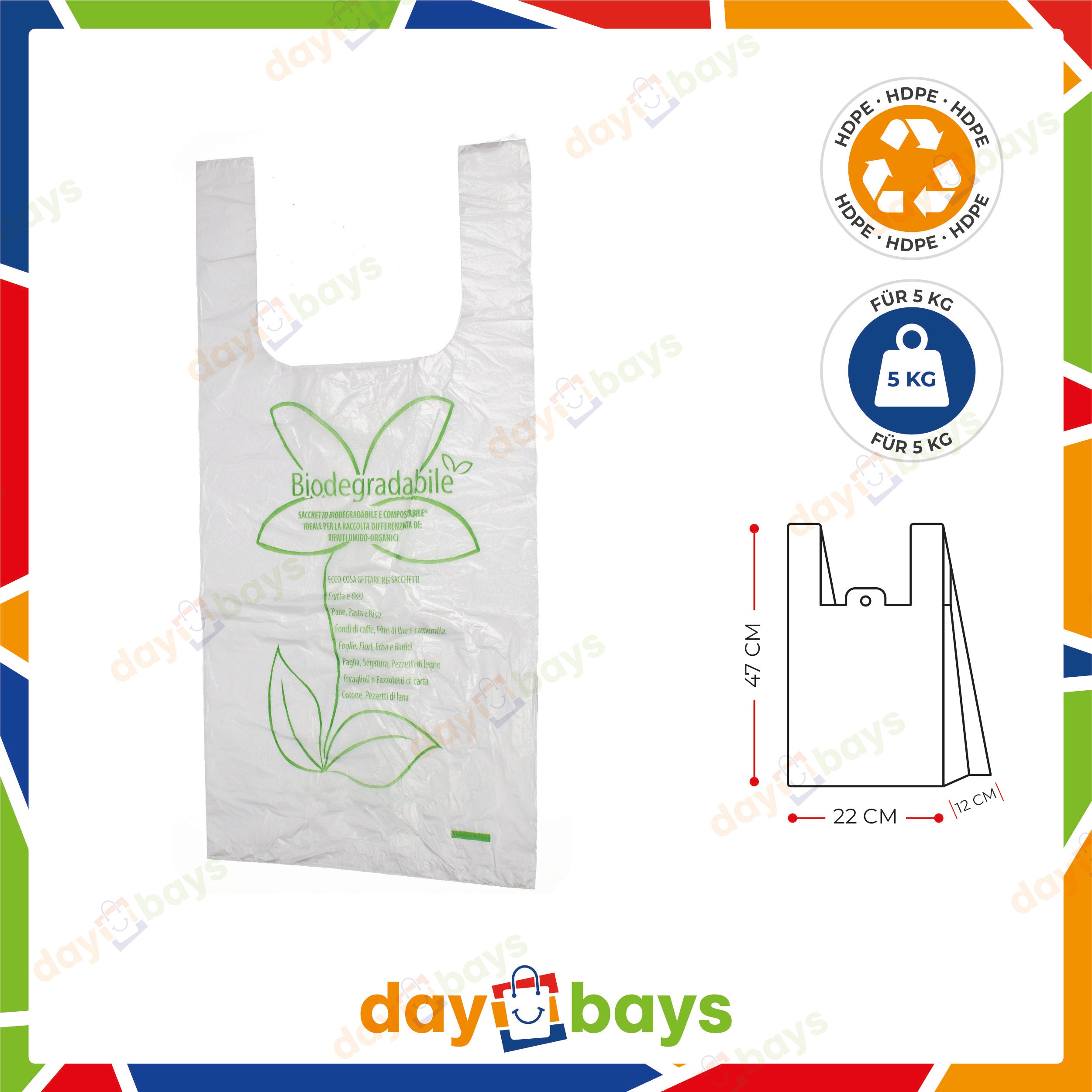 DayBays Bio Knotenbeutel auf Rolle 5 Kg 22+12x47 cm Biodegradable HDPE Transparent Extra Stark