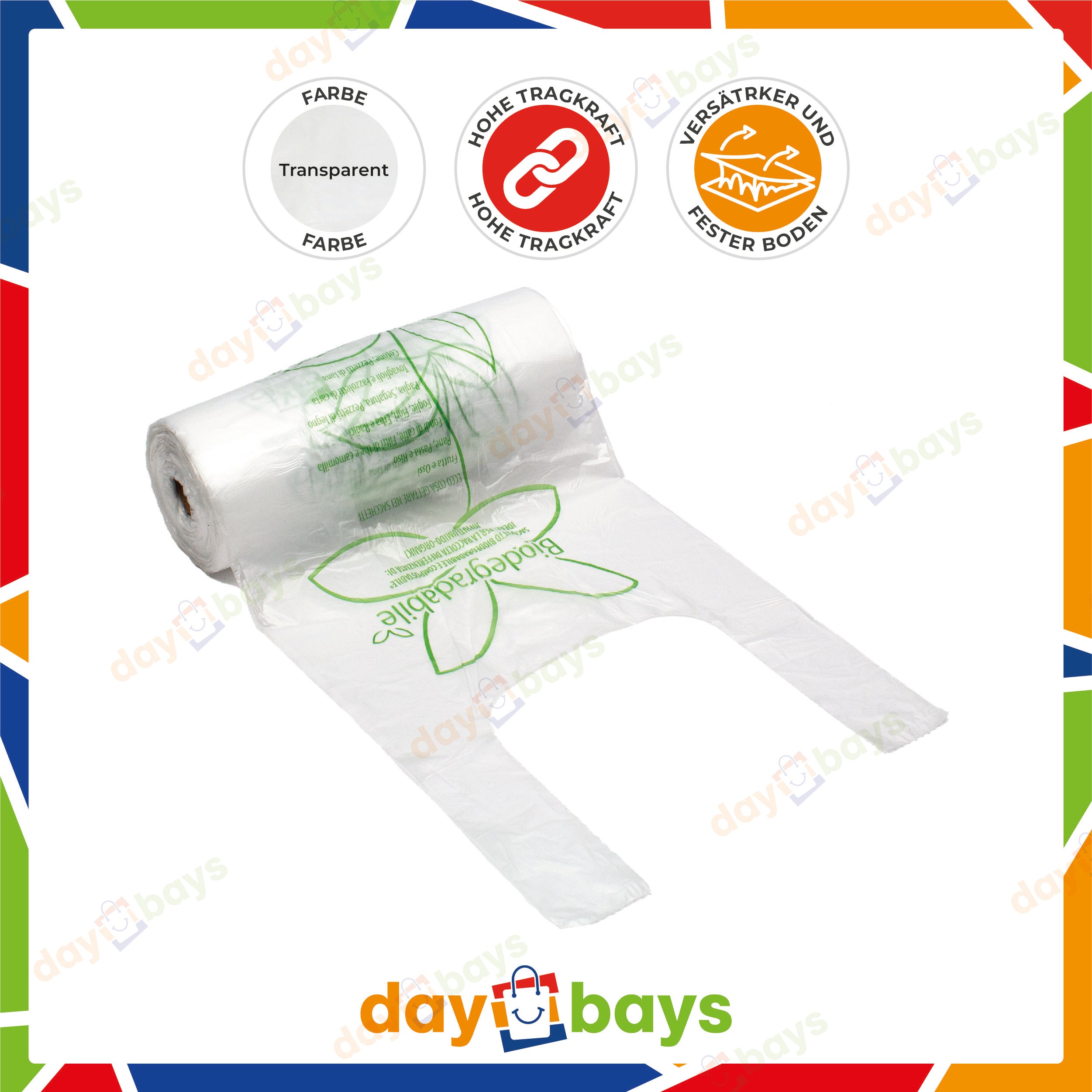 DayBays Bio Knotenbeutel auf Rolle 5 Kg 22+12x47 cm Biodegradable HDPE Transparent Extra Stark