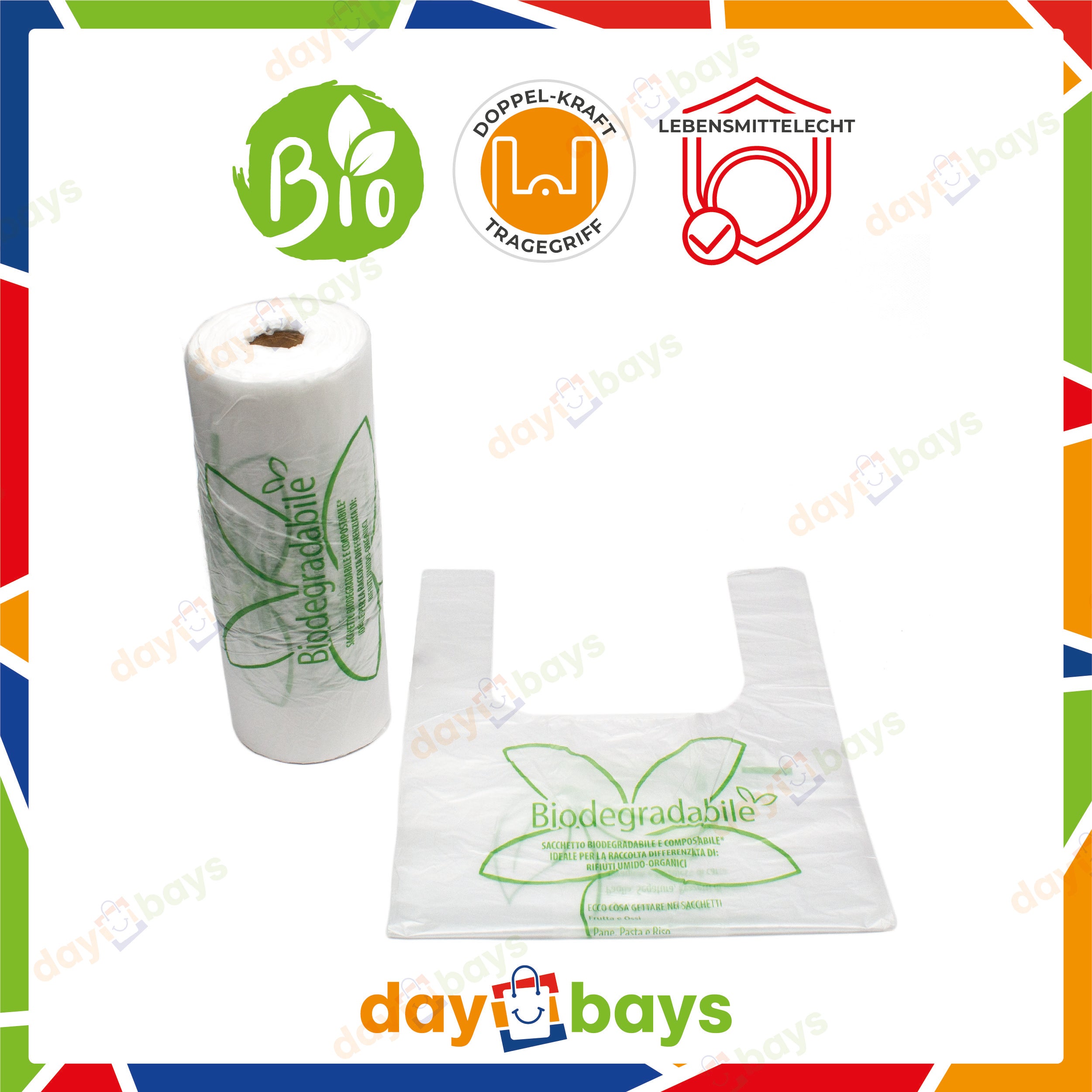 DayBays Bio Knotenbeutel auf Rolle 5 Kg 22+12x47 cm Biodegradable HDPE Transparent Extra Stark