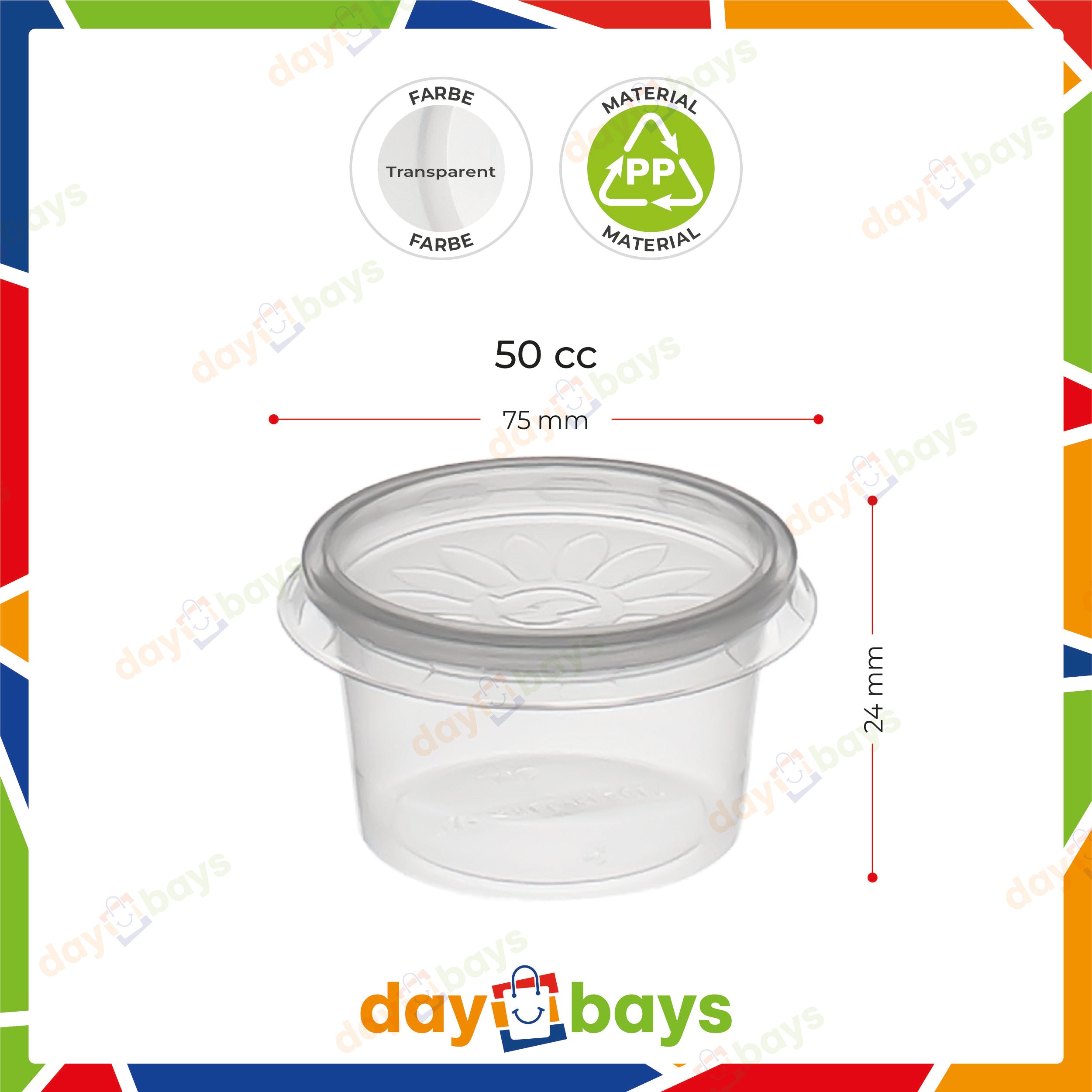 DayBays Dressingbox (Saucecup) 50cc. 75x24 mm Kombi-Verpackung Transparent inklusive passende Deckel