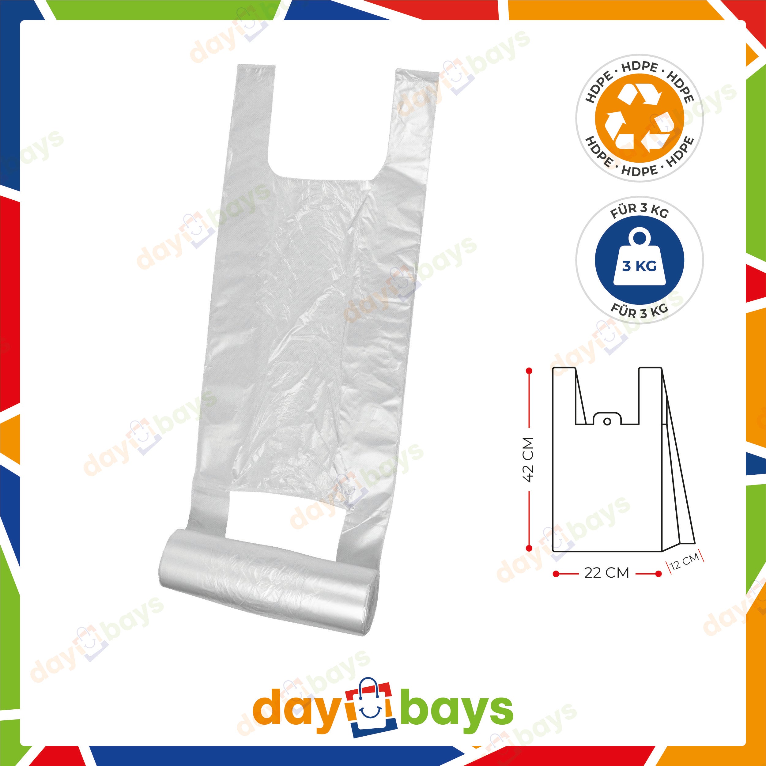 DayBays Knotenbeutel auf Rolle 3 Kg 22+12x42 cm HDPE Transparent