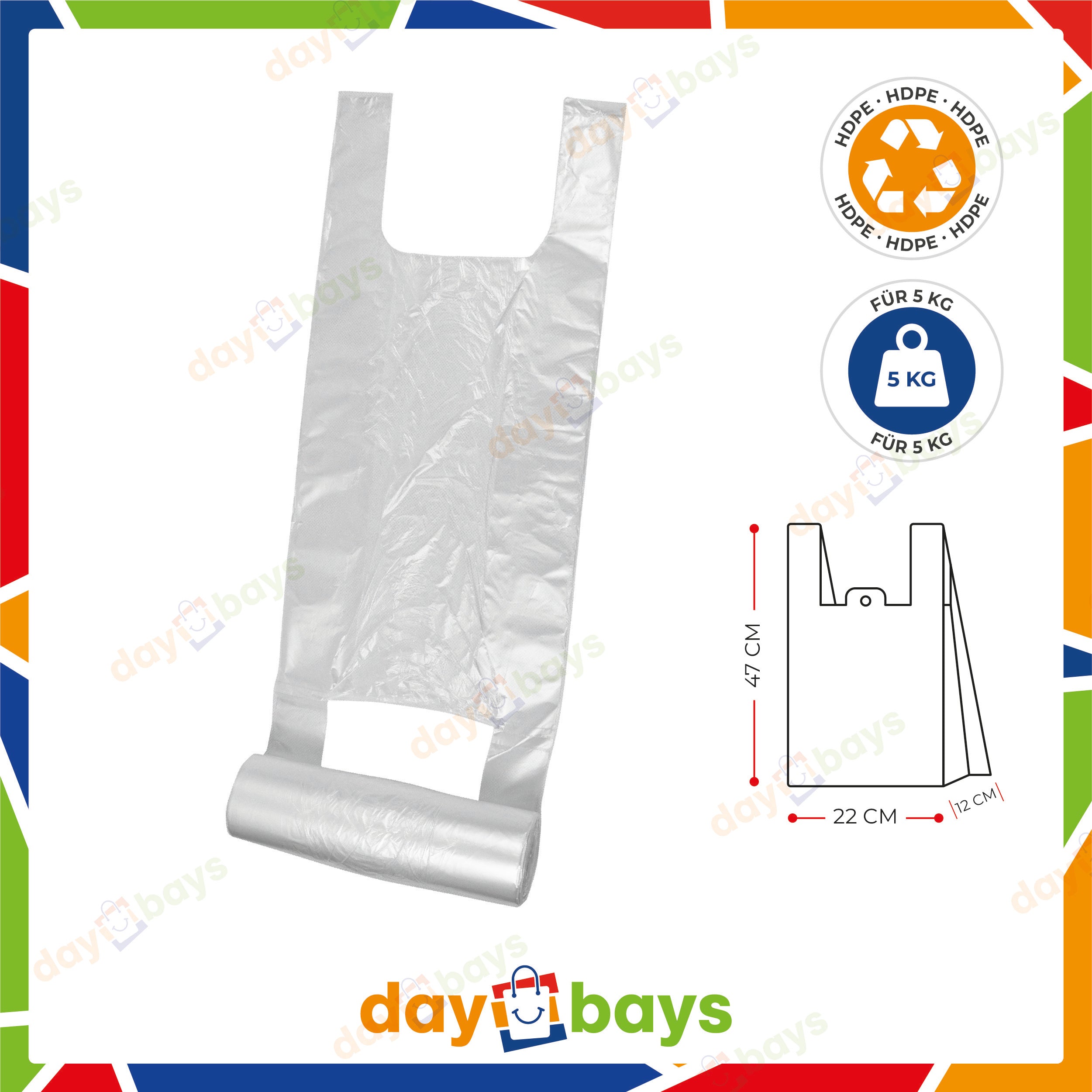 DayBays Knotenbeutel auf Rolle 5 Kg 22+12x47 cm HDPE Transparent Extra Stark