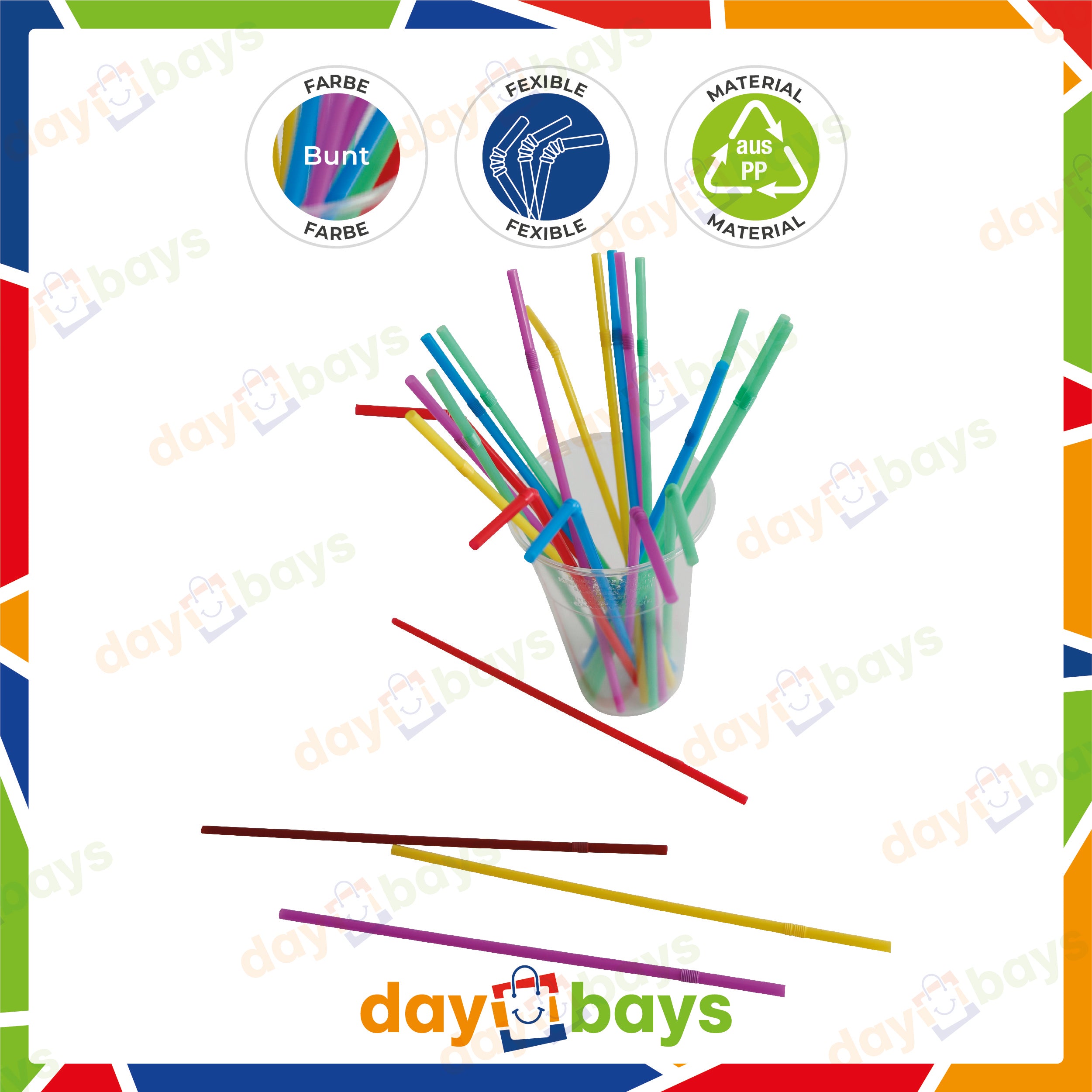 DayBays Mehrweg Flexible Strohhalme Bunt Ø5 mm 230 mm
