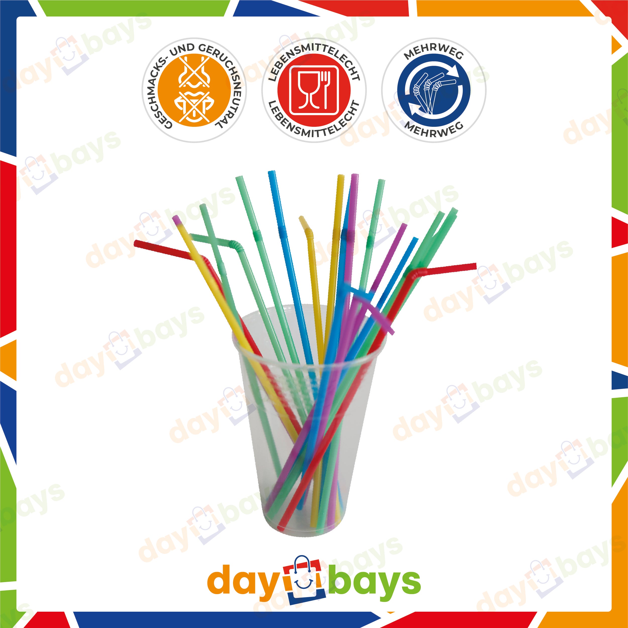 DayBays Mehrweg Flexible Strohhalme Bunt Ø5 mm 230 mm