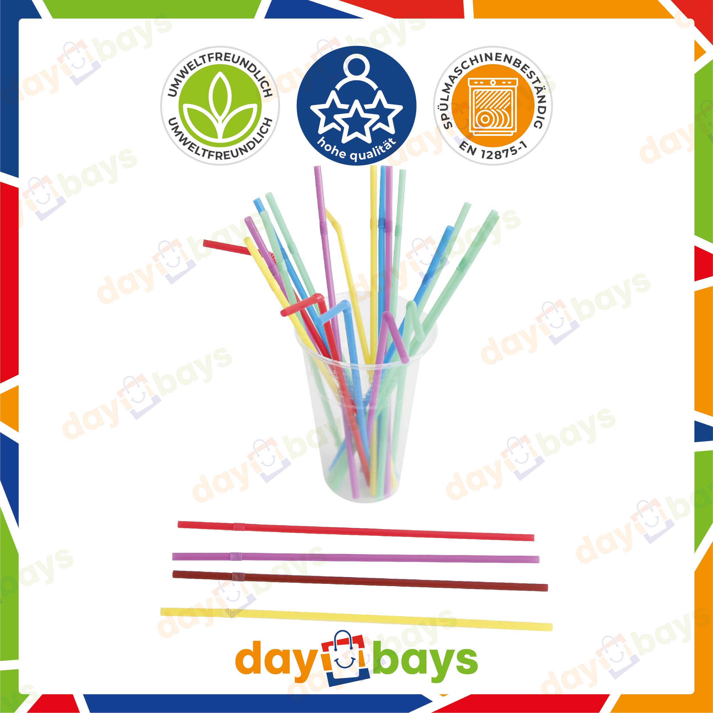 DayBays Mehrweg Flexible Strohhalme Bunt Ø5 mm 230 mm