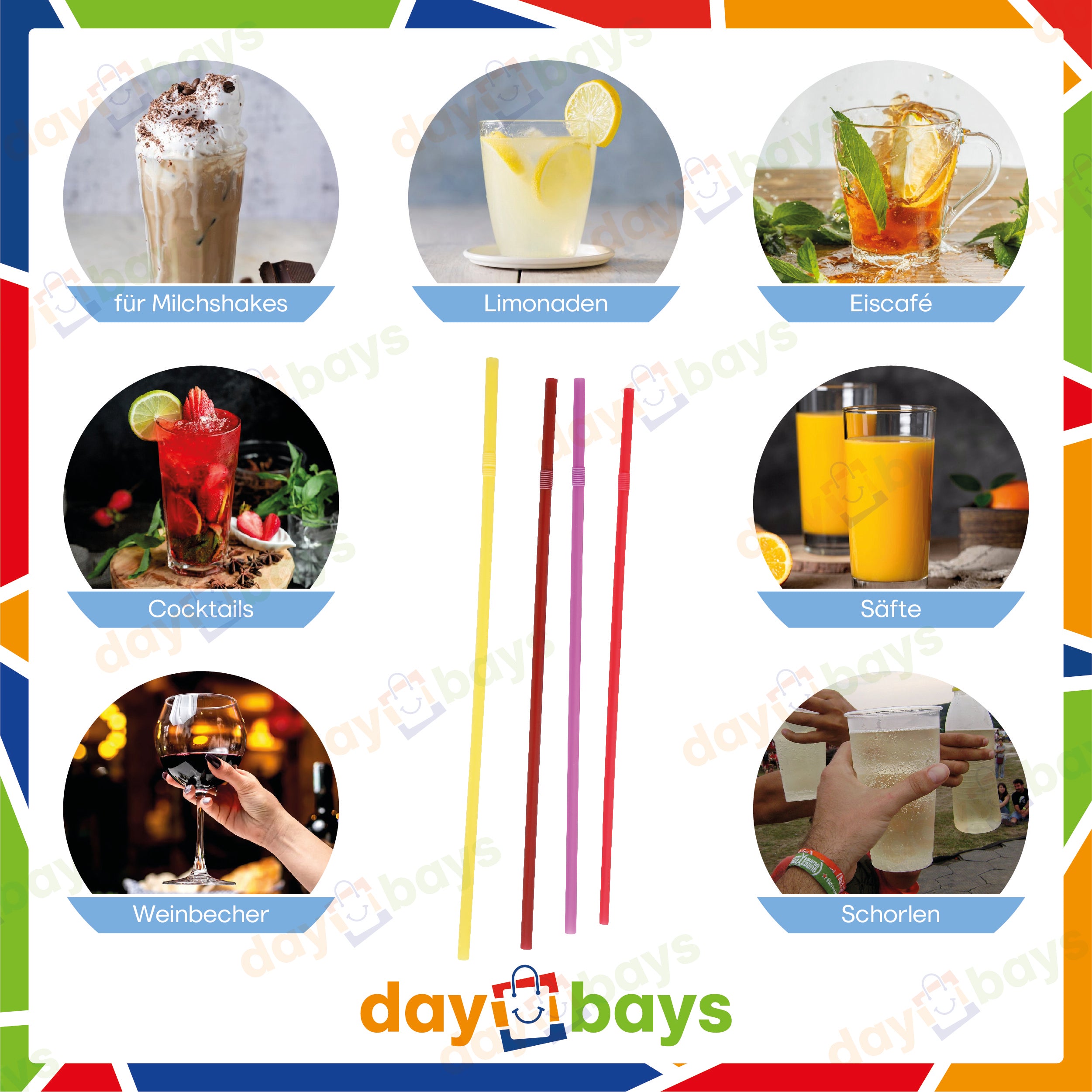 DayBays Mehrweg Flexible Strohhalme Bunt Ø5 mm 230 mm