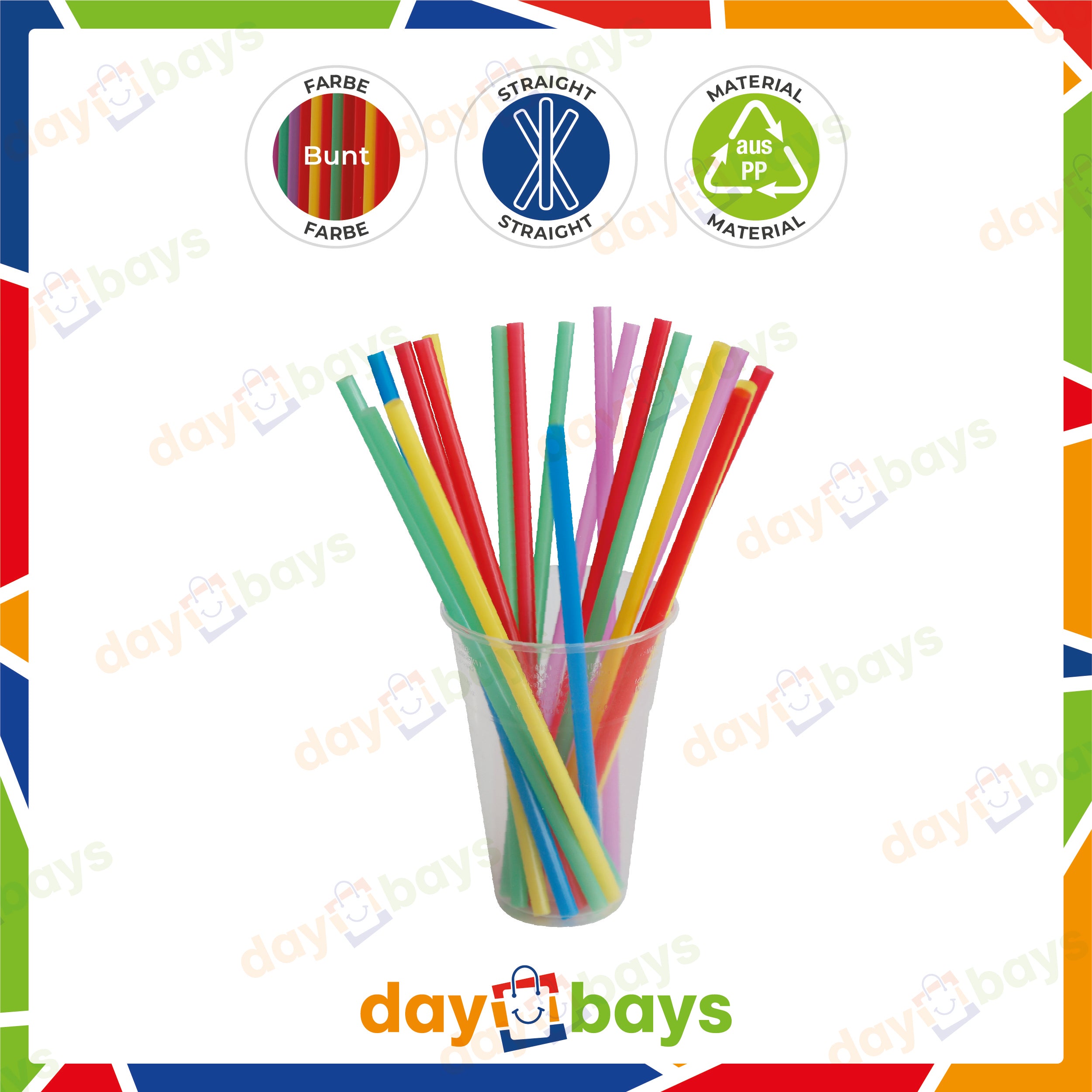 DayBays Mehrweg Strohhalme Ø8 mm 240 mm Bunt (Straight) aus PP