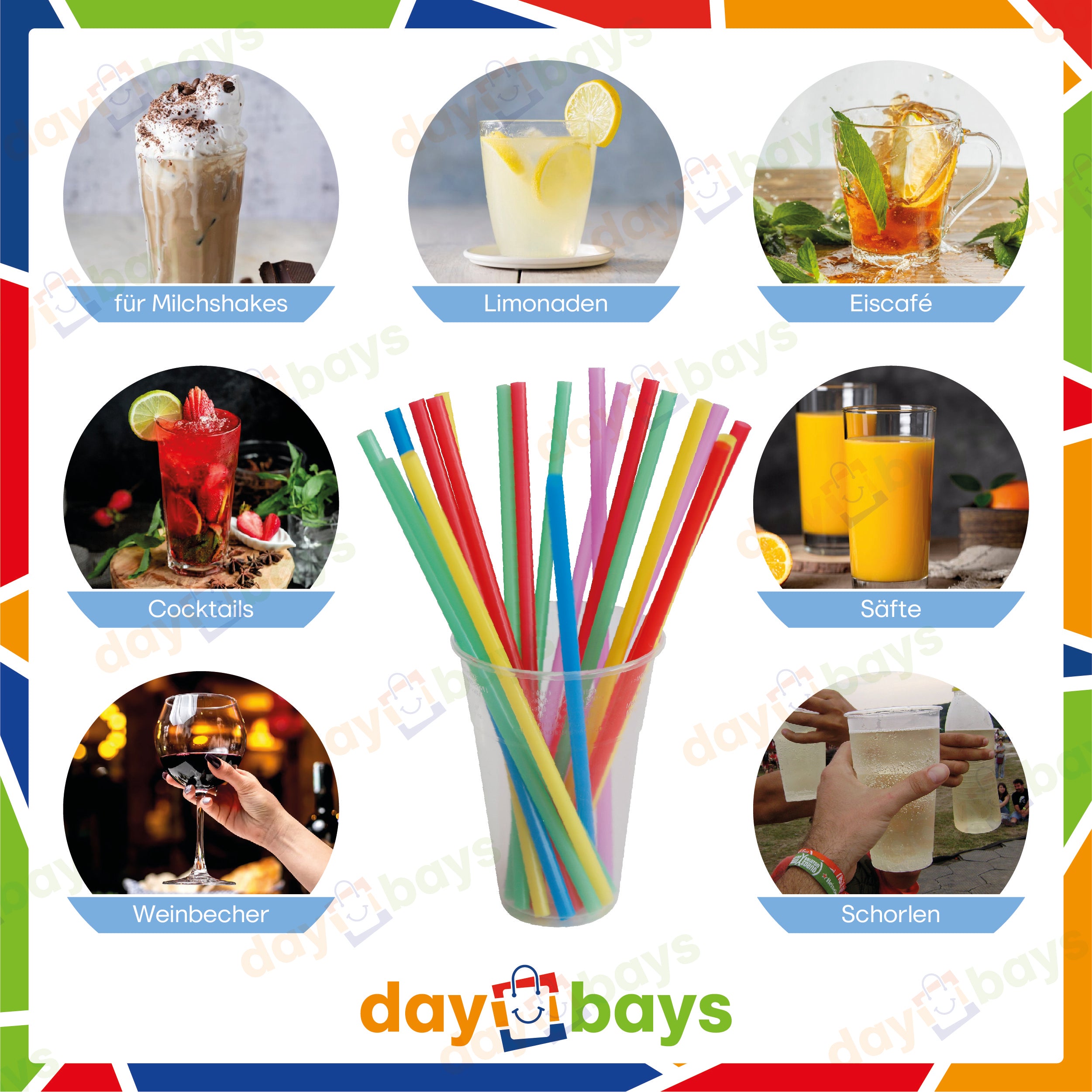 DayBays Mehrweg Strohhalme Ø8 mm 240 mm Bunt (Straight) aus PP