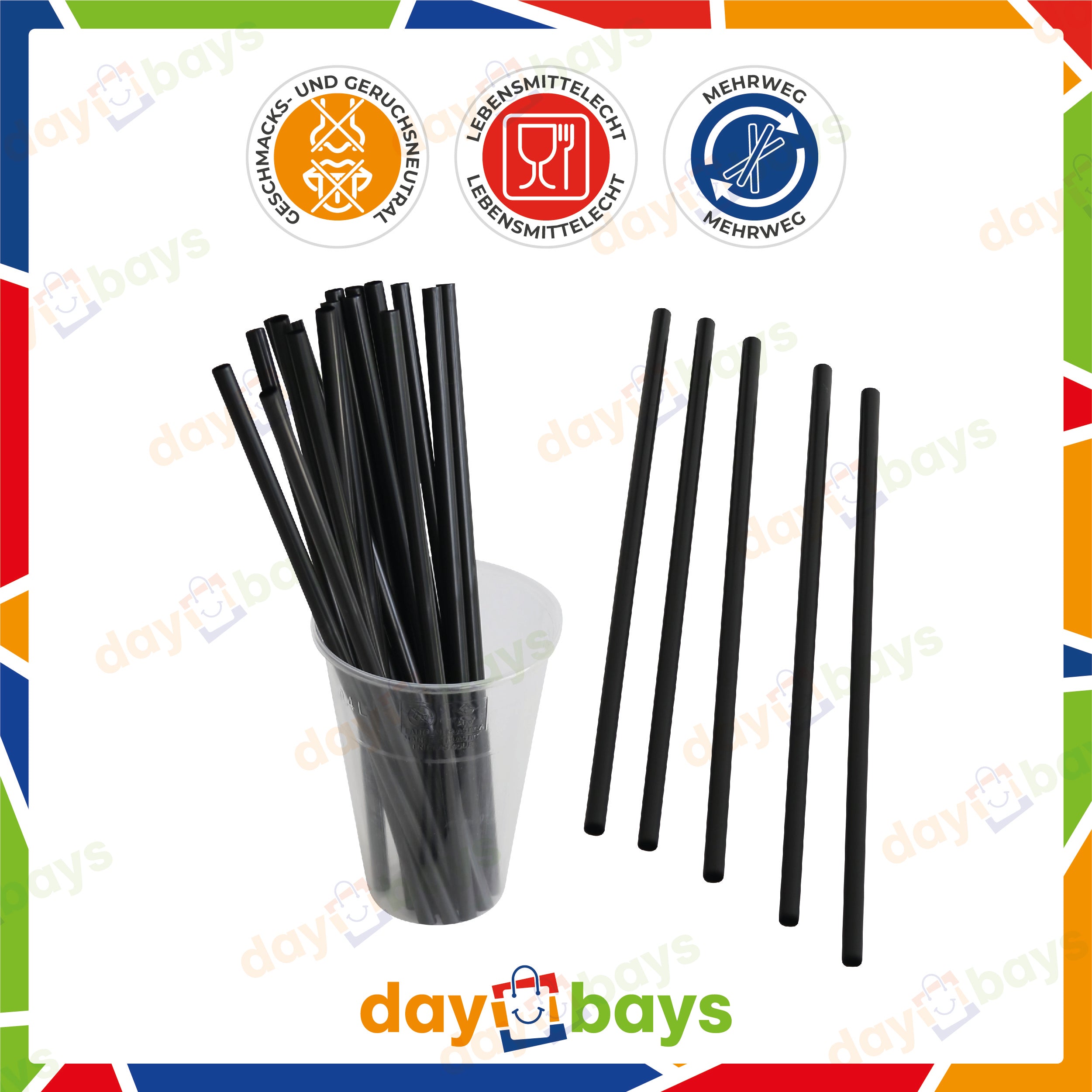 DayBays Mehrweg Strohhalme Ø8 mm 240 mm Schwarz (Straight) aus PP