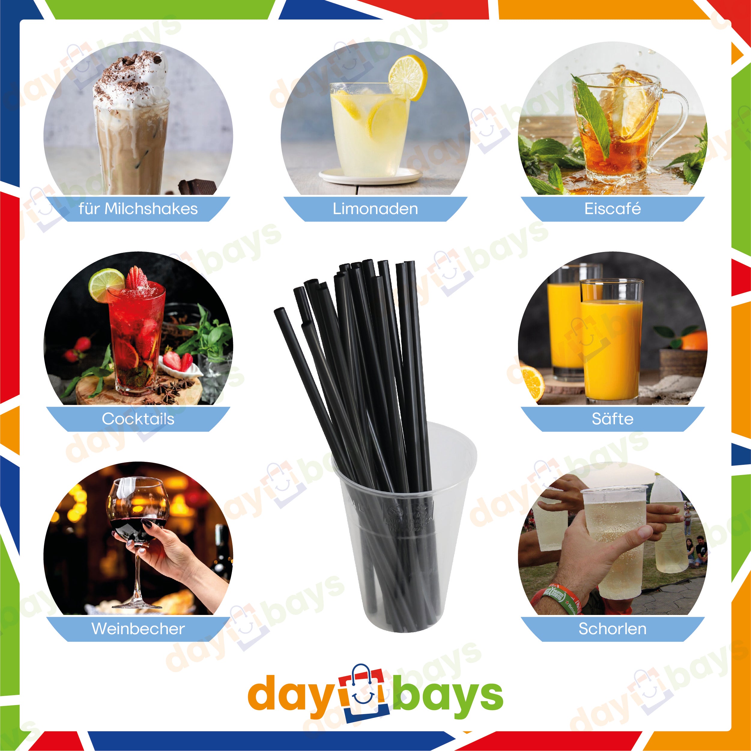 DayBays Strohhalme Ø8 mm 240 mm aus kraftpapier Schwarz Papierstrohhalme