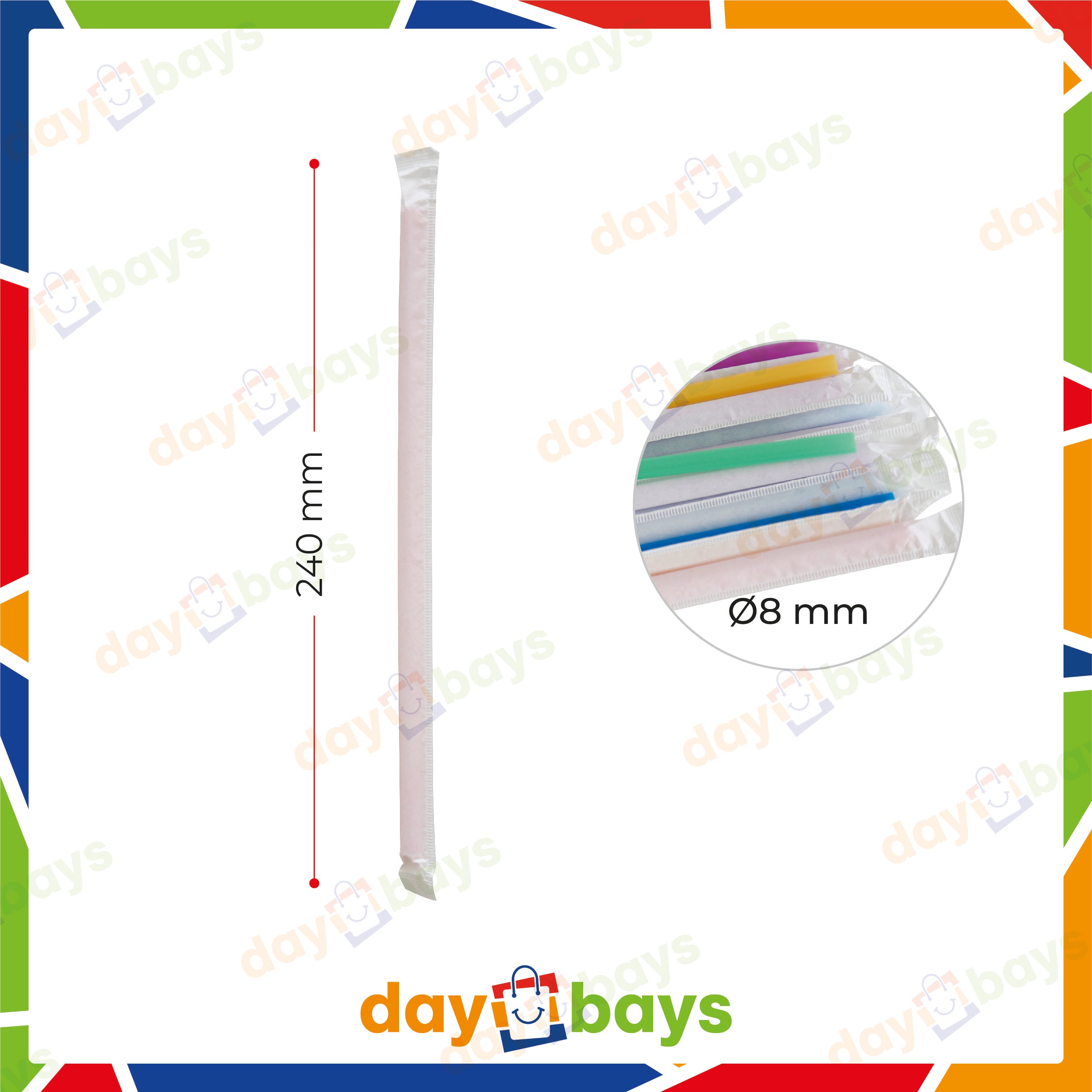 DayBays Mehrweg Strohhalme Einzeln Verpackt (Wrapped) Ø8 mm 240 mm Bunt