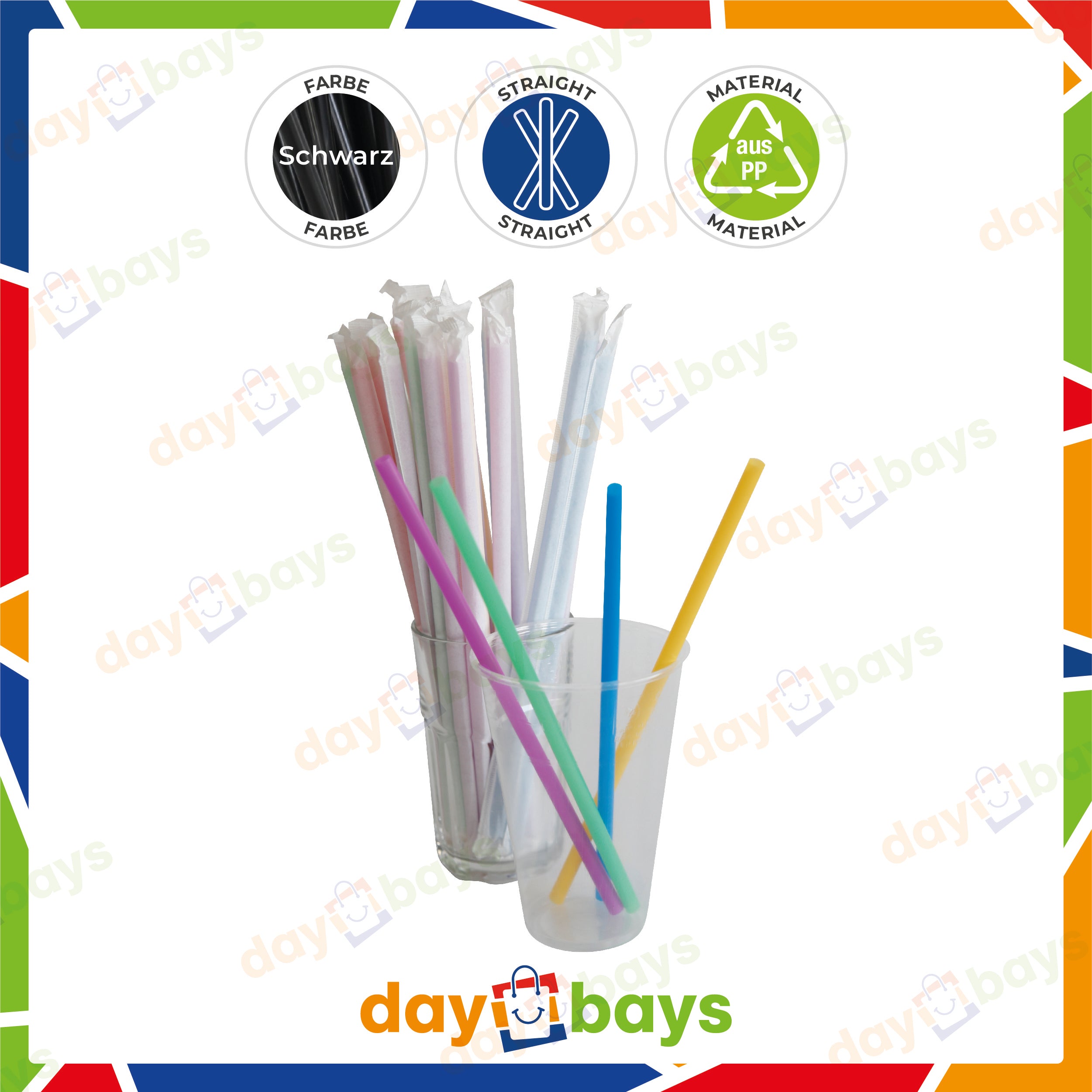 DayBays Mehrweg Strohhalme Einzeln Verpackt (Wrapped) Ø8 mm 240 mm Bunt