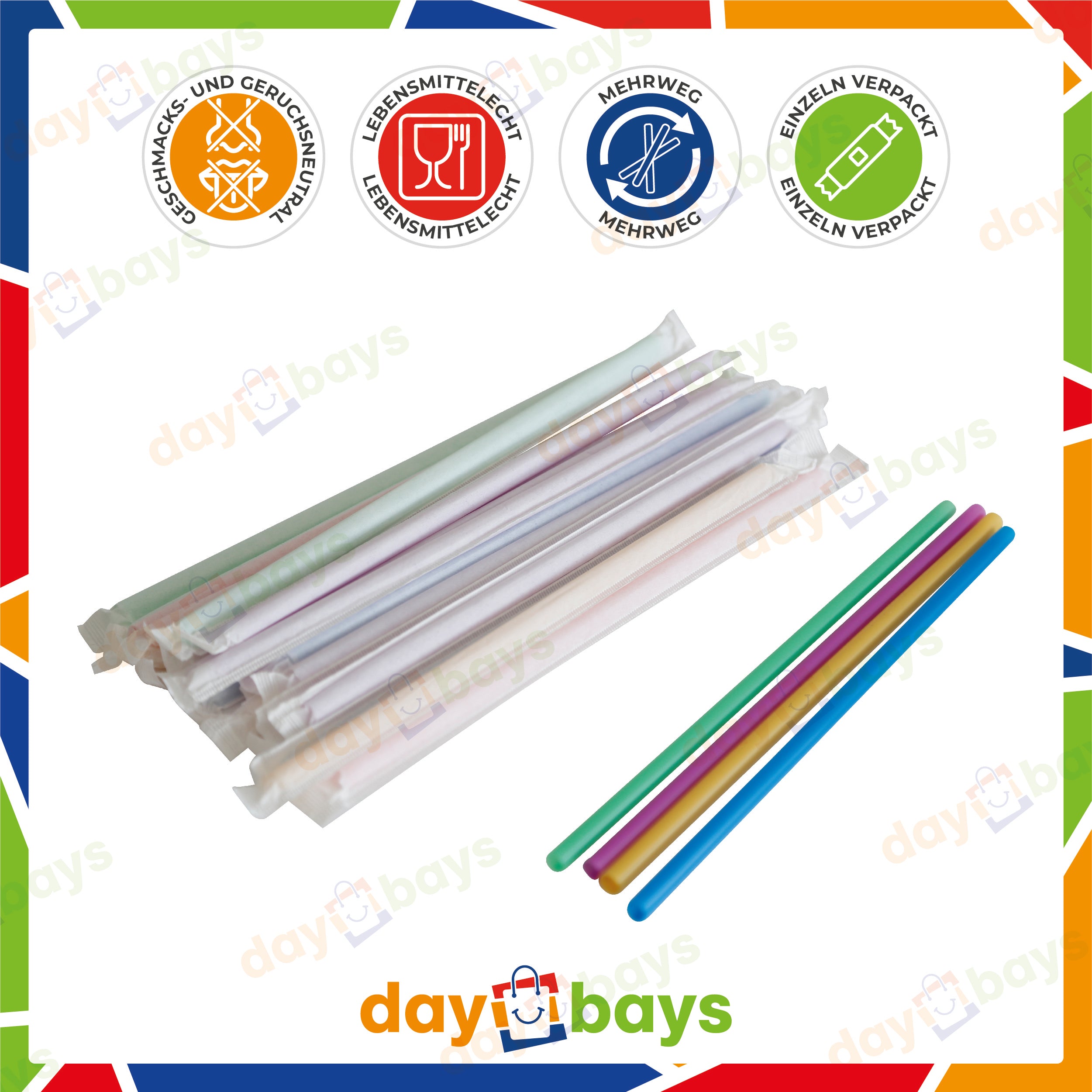 DayBays Mehrweg Strohhalme Einzeln Verpackt (Wrapped) Ø8 mm 240 mm Bunt
