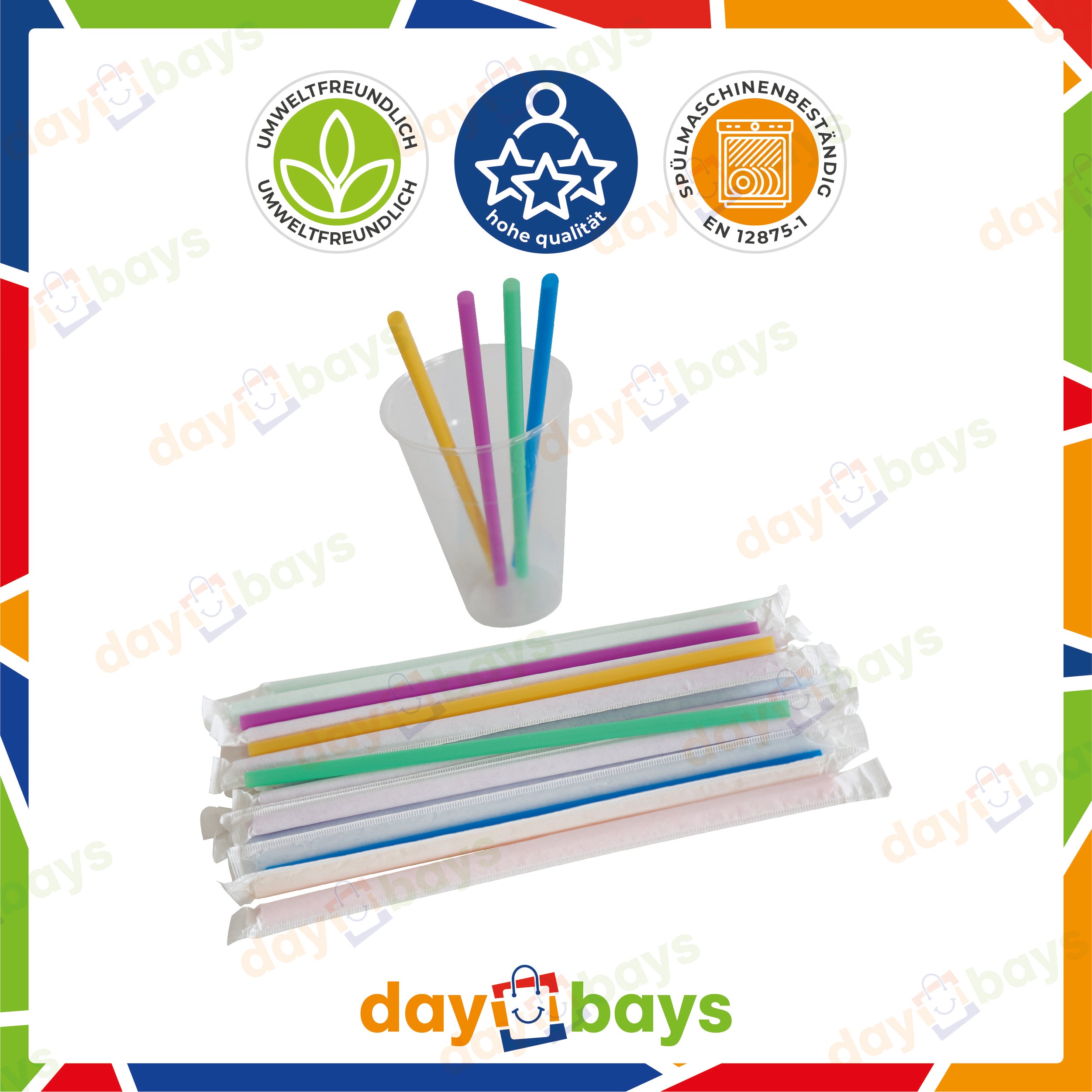 DayBays Mehrweg Strohhalme Einzeln Verpackt (Wrapped) Ø8 mm 240 mm Bunt