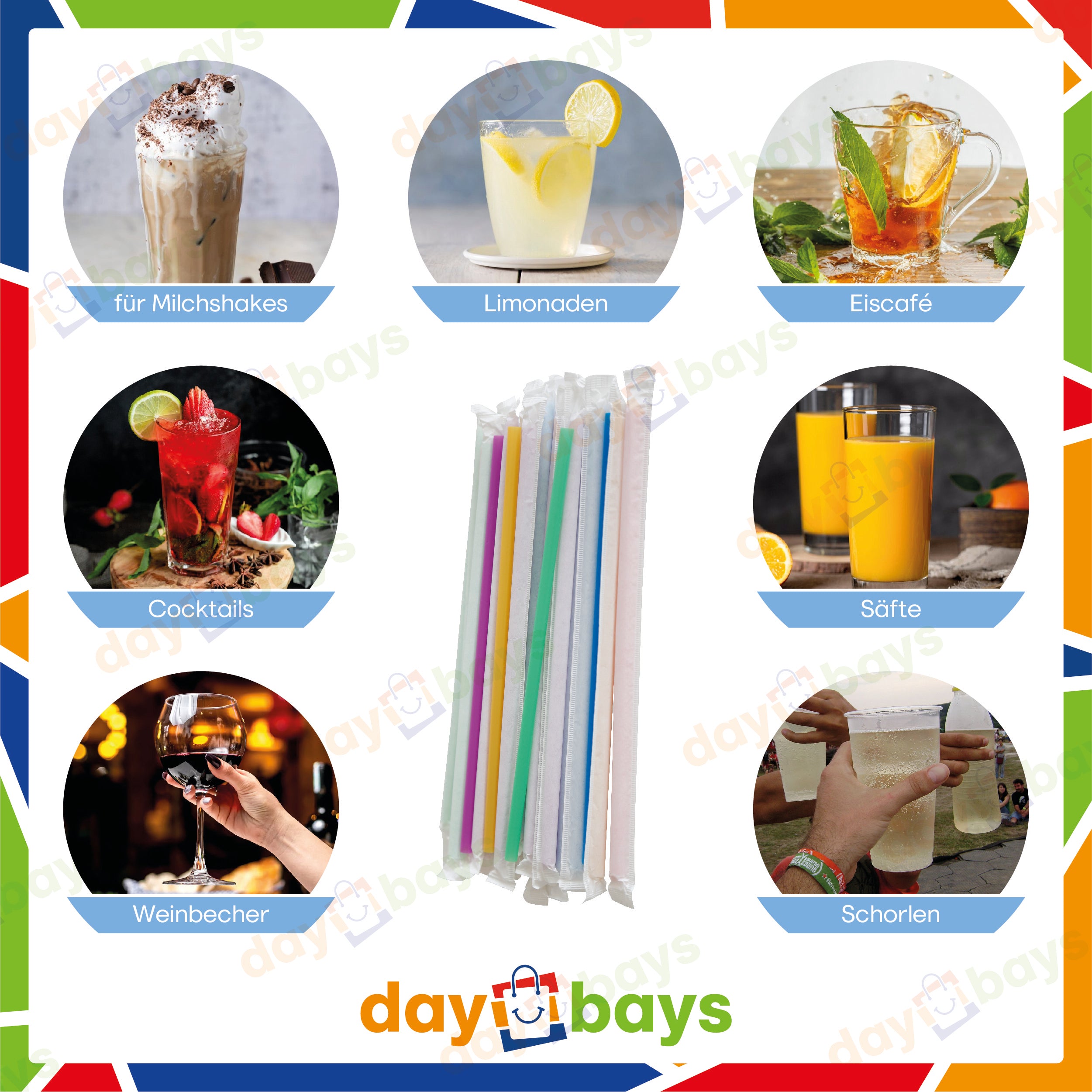 DayBays Mehrweg Strohhalme Einzeln Verpackt (Wrapped) Ø8 mm 240 mm Bunt
