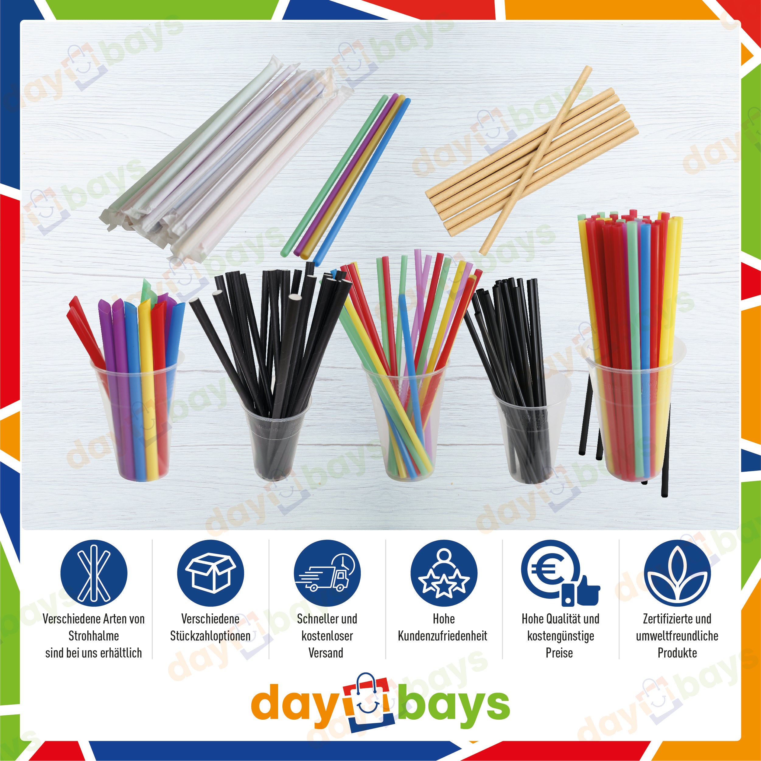 DayBays Mehrweg Strohhalme Einzeln Verpackt (Wrapped) Ø8 mm 240 mm Bunt