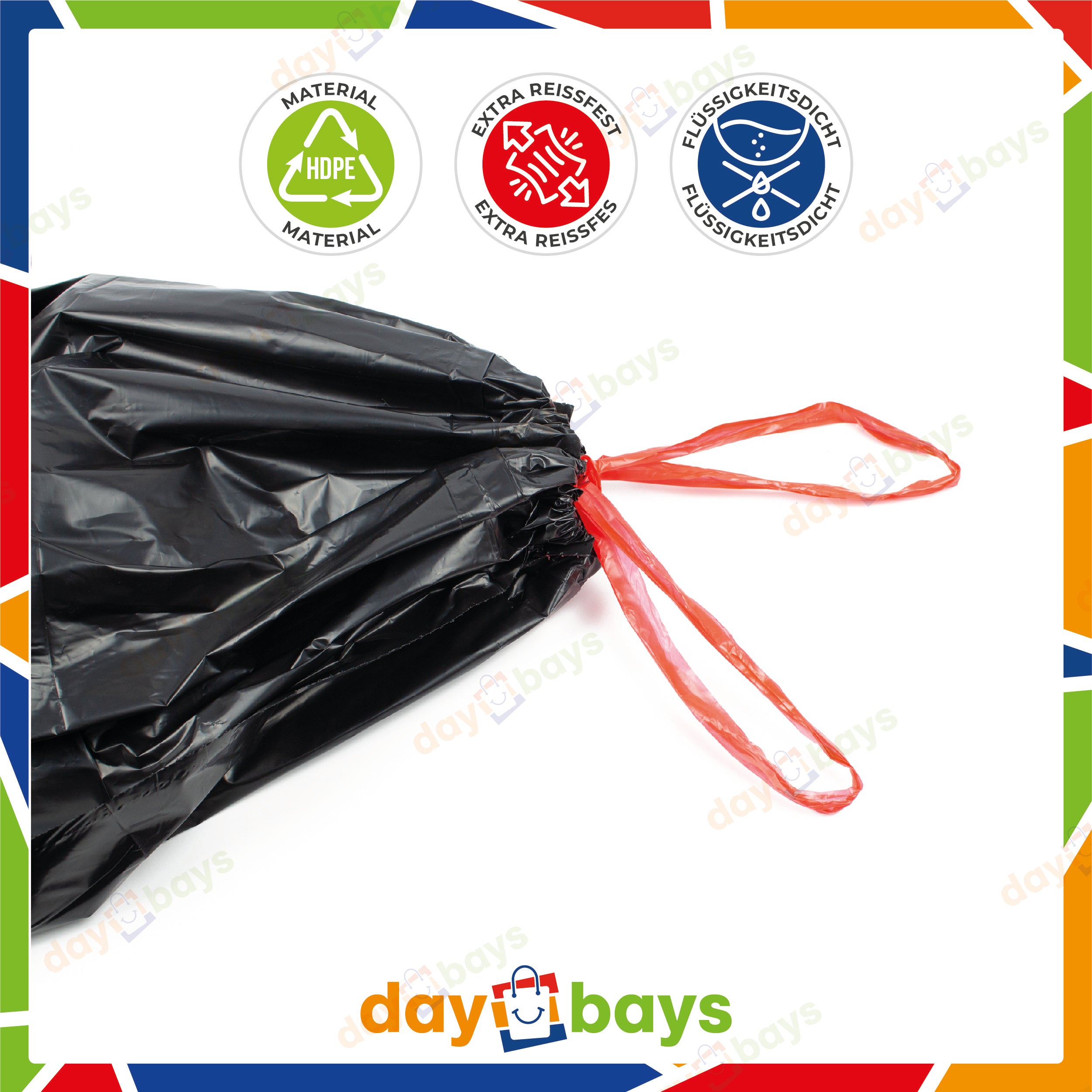 DayBays Müllsäcke 60 L mit Zugband LDPE Schwarz Extra Stark