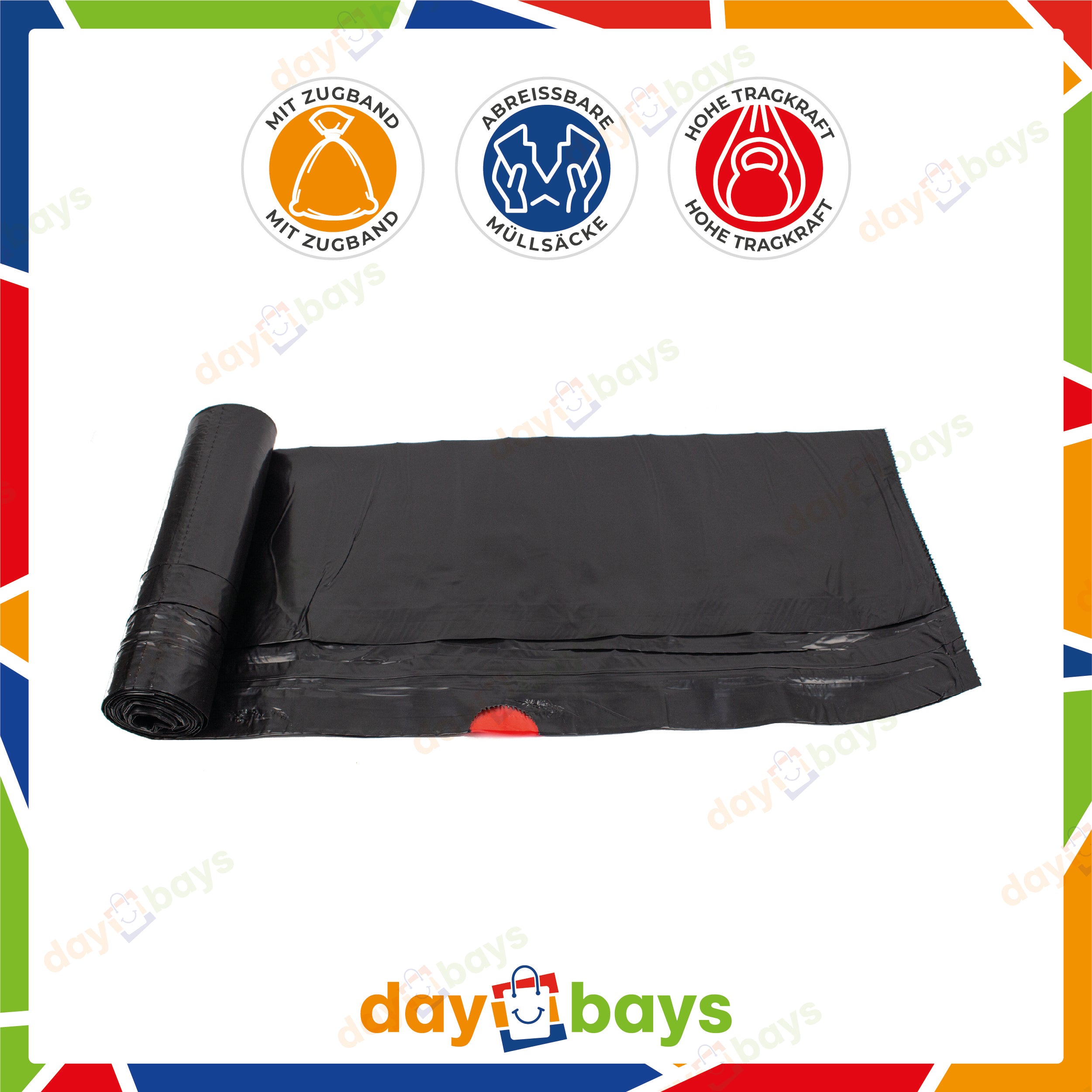 DayBays Müllsäcke 60 L mit Zugband LDPE Schwarz Extra Stark