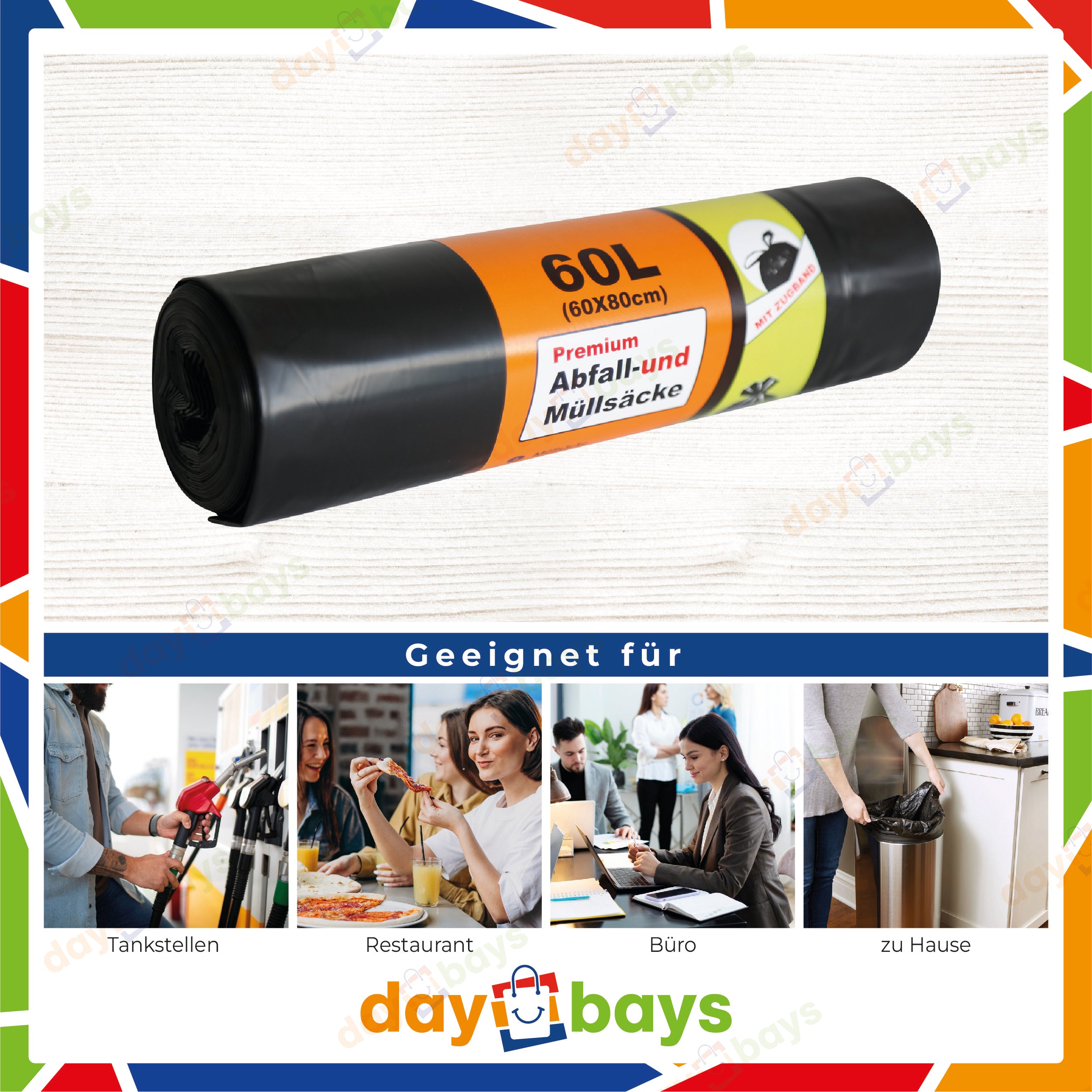 DayBays Müllsäcke 60 L mit Zugband LDPE Schwarz Extra Stark