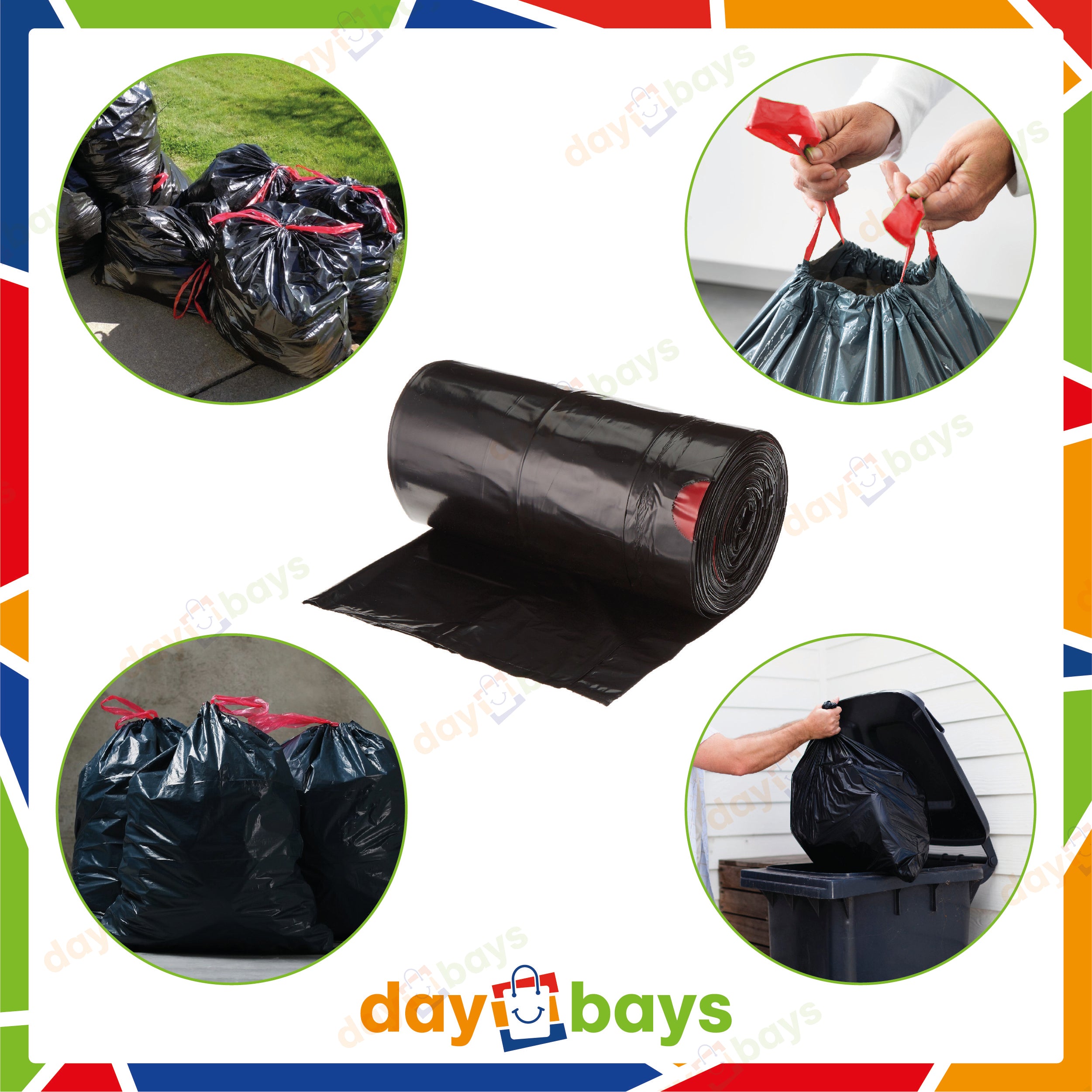 DayBays Müllsäcke 60 L mit Zugband LDPE Schwarz Extra Stark