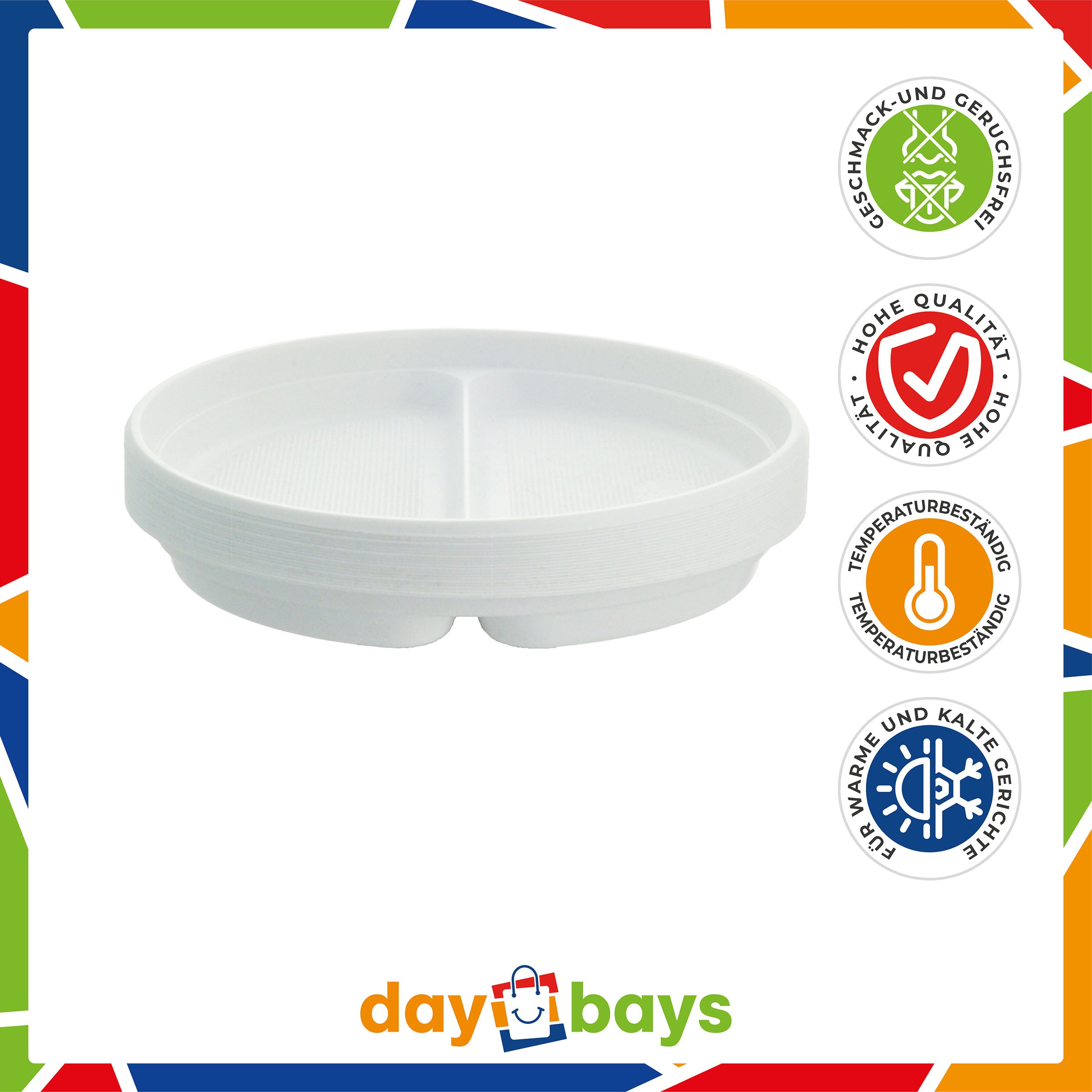 DayBays Plastikteller 2-geteilt Menüteller Ø22 cm PP weiß Rund Spülmaschinenbeständig