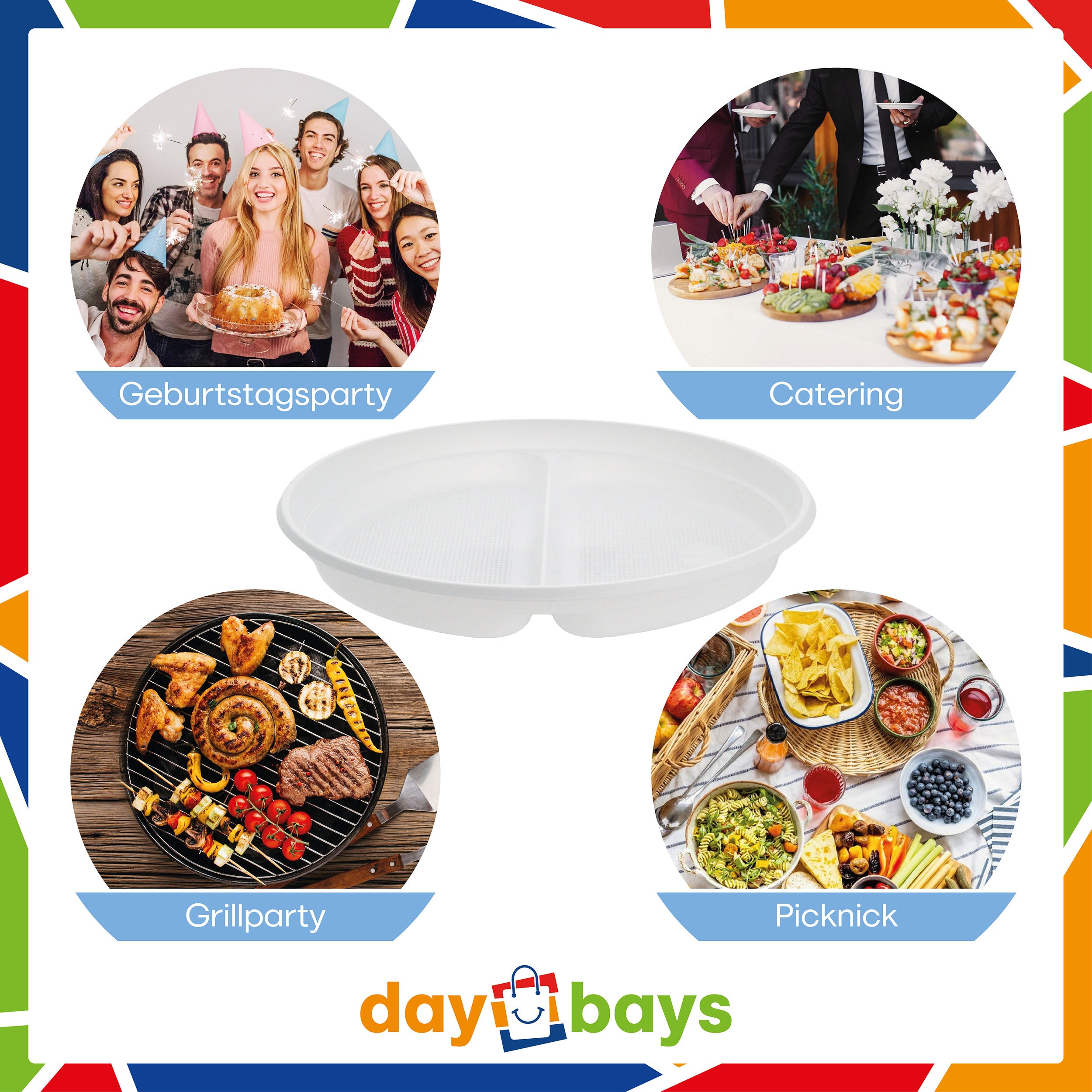 DayBays Plastikteller 2-geteilt Menüteller Ø22 cm PP weiß Rund Spülmaschinenbeständig