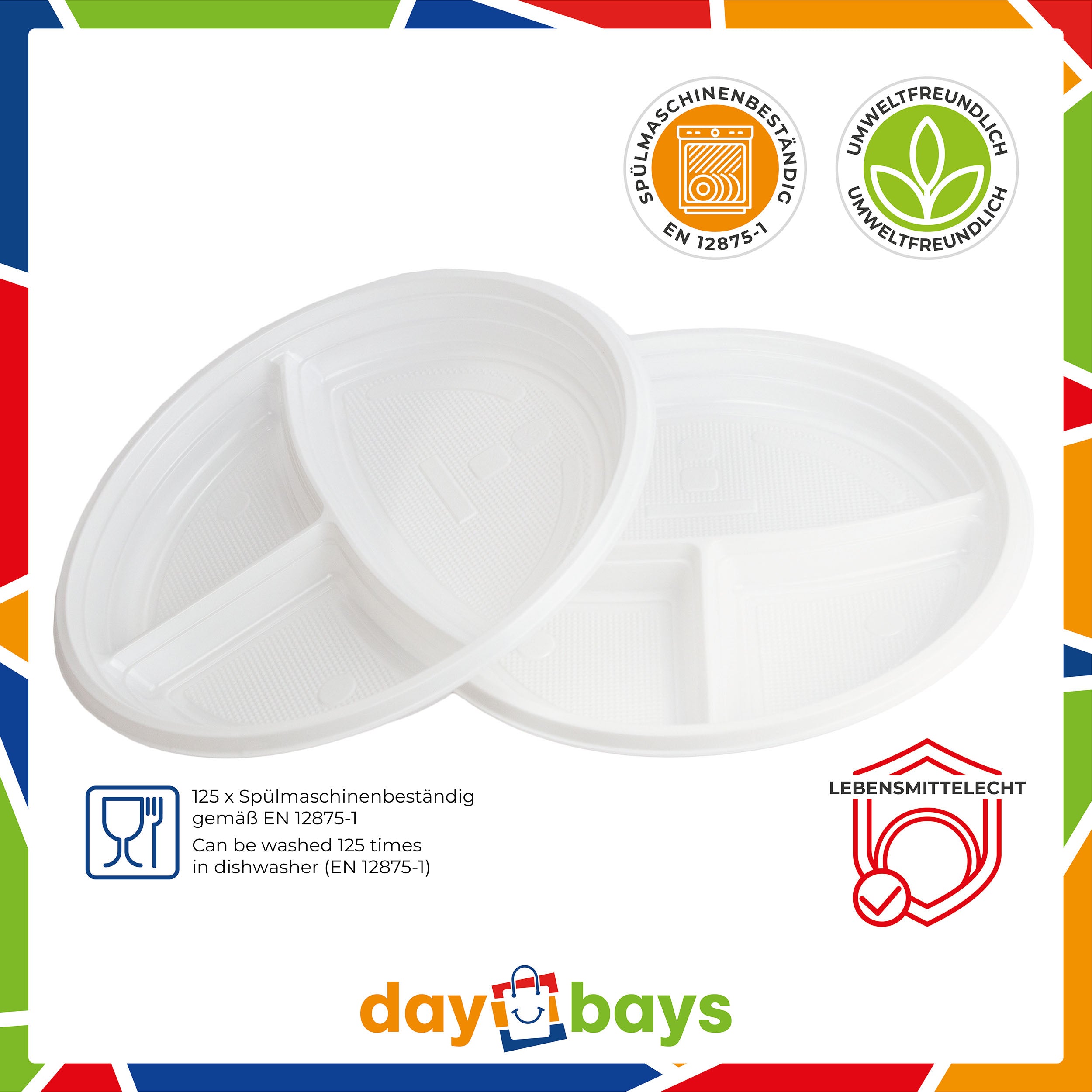 DayBays Einweggeschirr Set 1500 Stück (500 Stk. Plastikteller 3-geteilt + 500 Stk. Plastikgabel + 500 Stk. Plastikmesser)