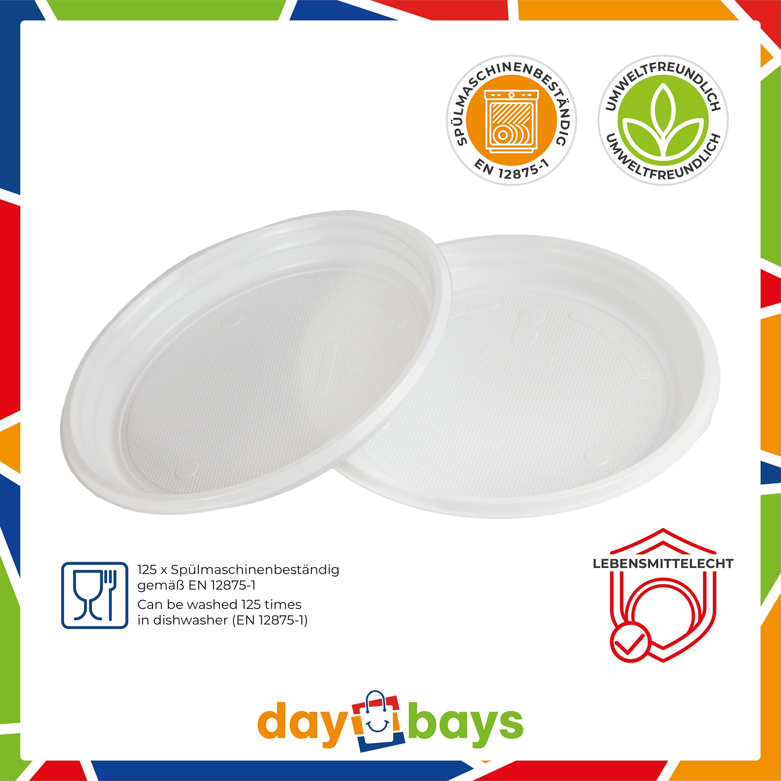DayBays Plastikteller Ungeteilt Menüteller Ø22 cm PP weiß Rund Spülmaschinenbeständig