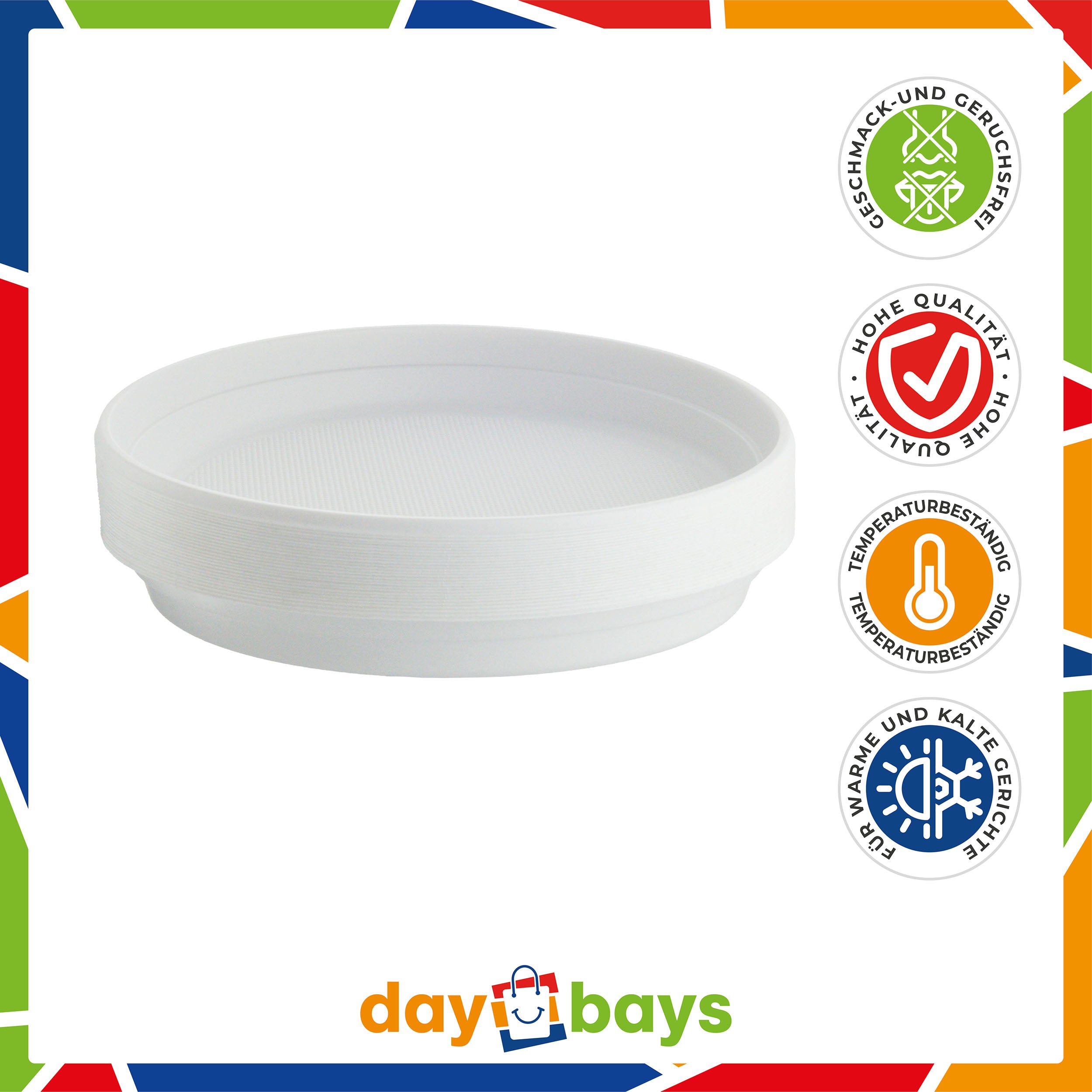 DayBays Plastikteller Ungeteilt Menüteller Ø22 cm PP weiß Rund Spülmaschinenbeständig