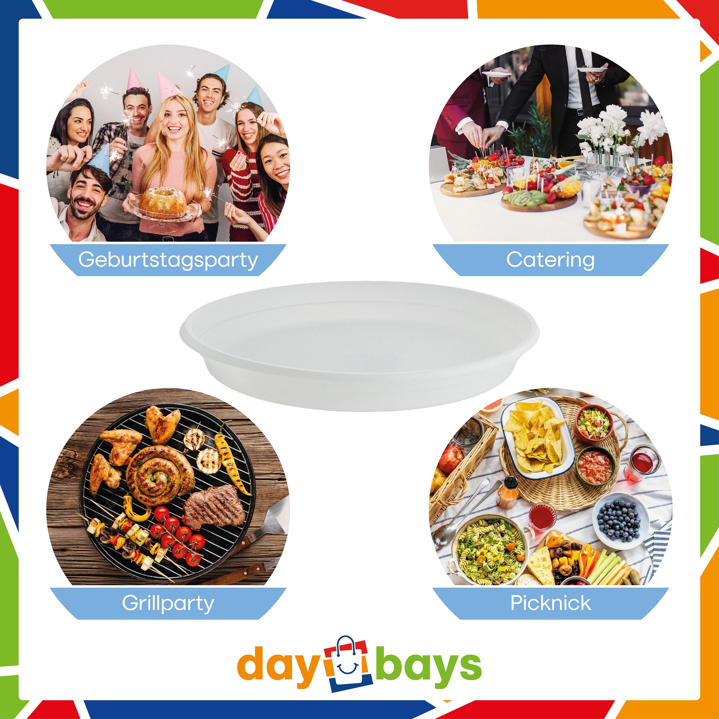 DayBays Plastikteller Ungeteilt Menüteller Ø22 cm PP weiß Rund Spülmaschinenbeständig