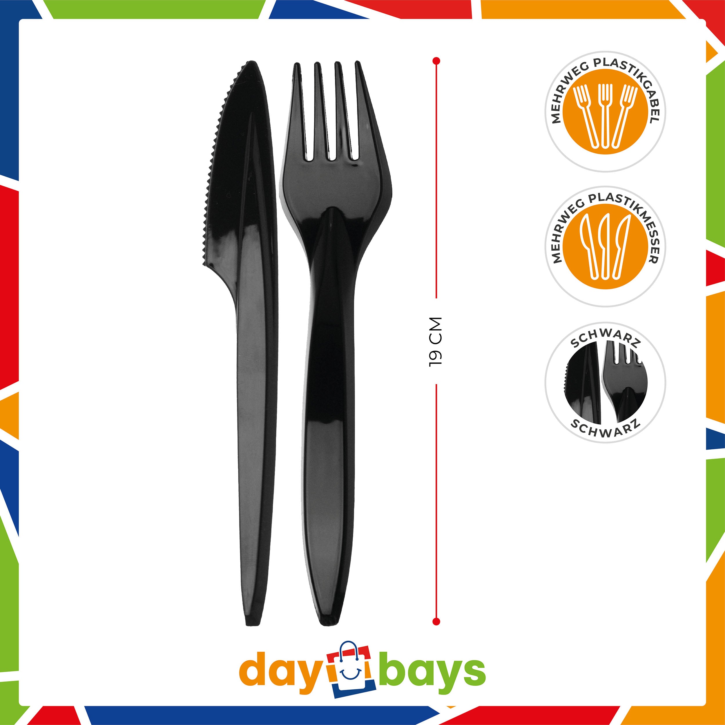 DayBays Plastikbesteck Schwarz 100 Stück – Premium Einwegbesteck 2&