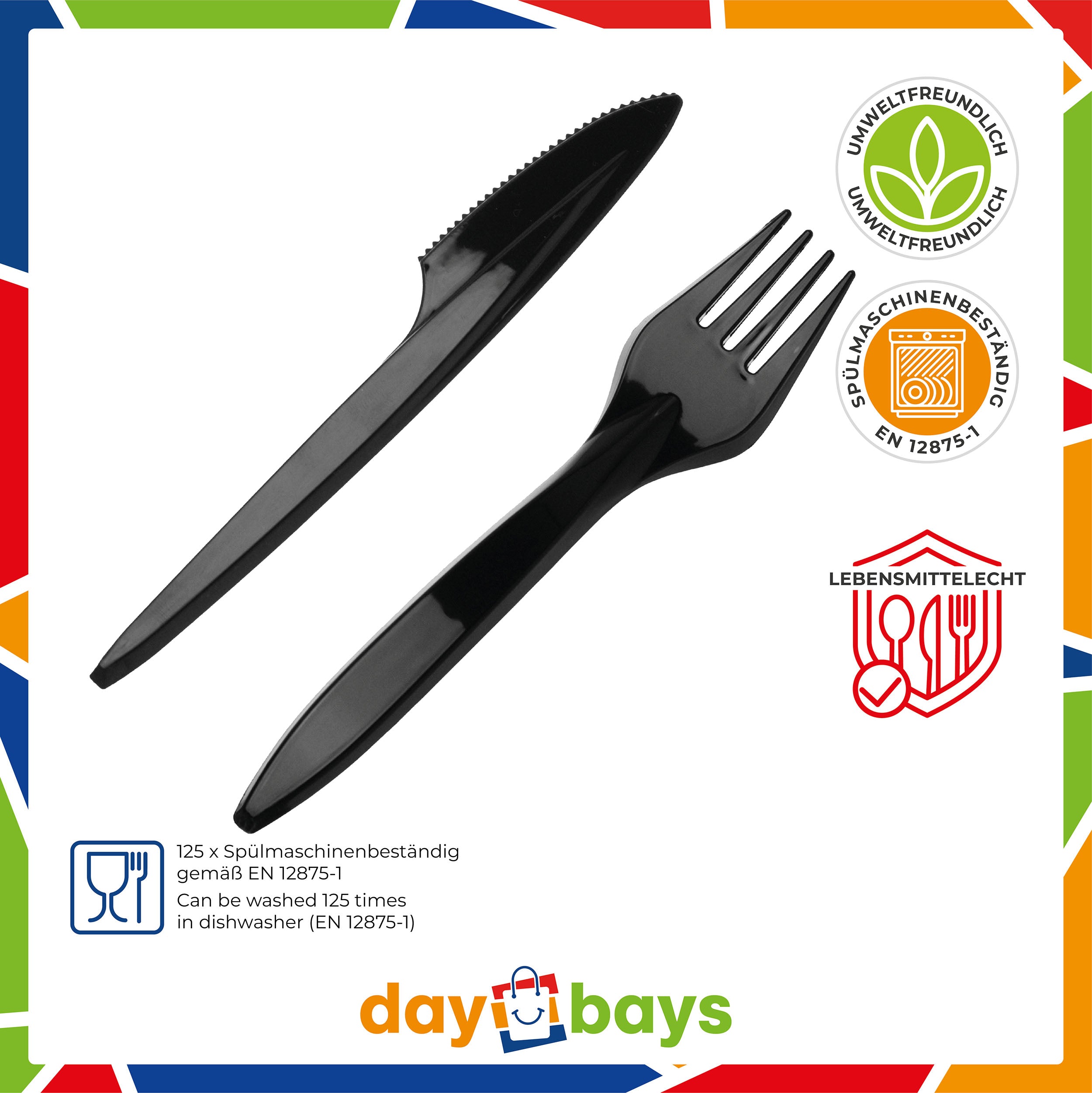 DayBays Plastikbesteck Schwarz 100 Stück – Premium Einwegbesteck 2&