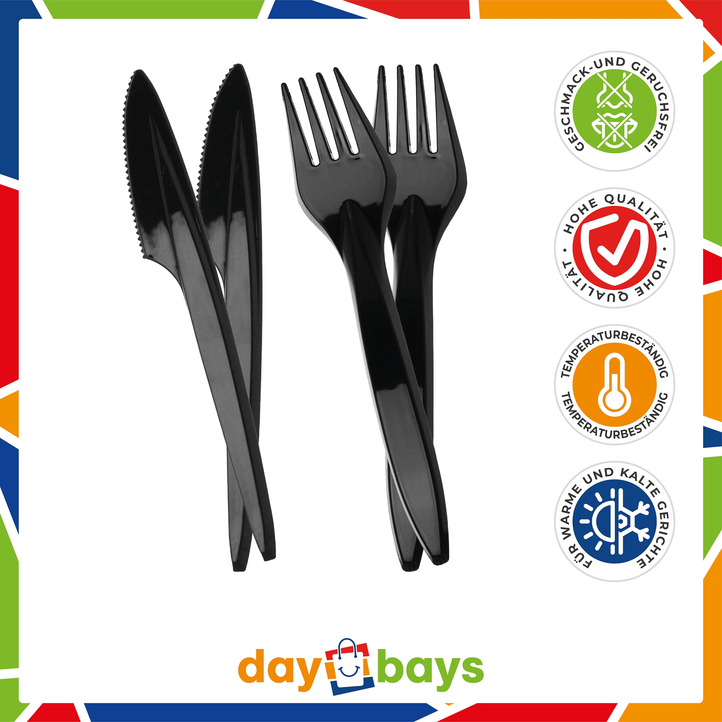 DayBays Plastikbesteck Schwarz 100 Stück – Premium Einwegbesteck 2&