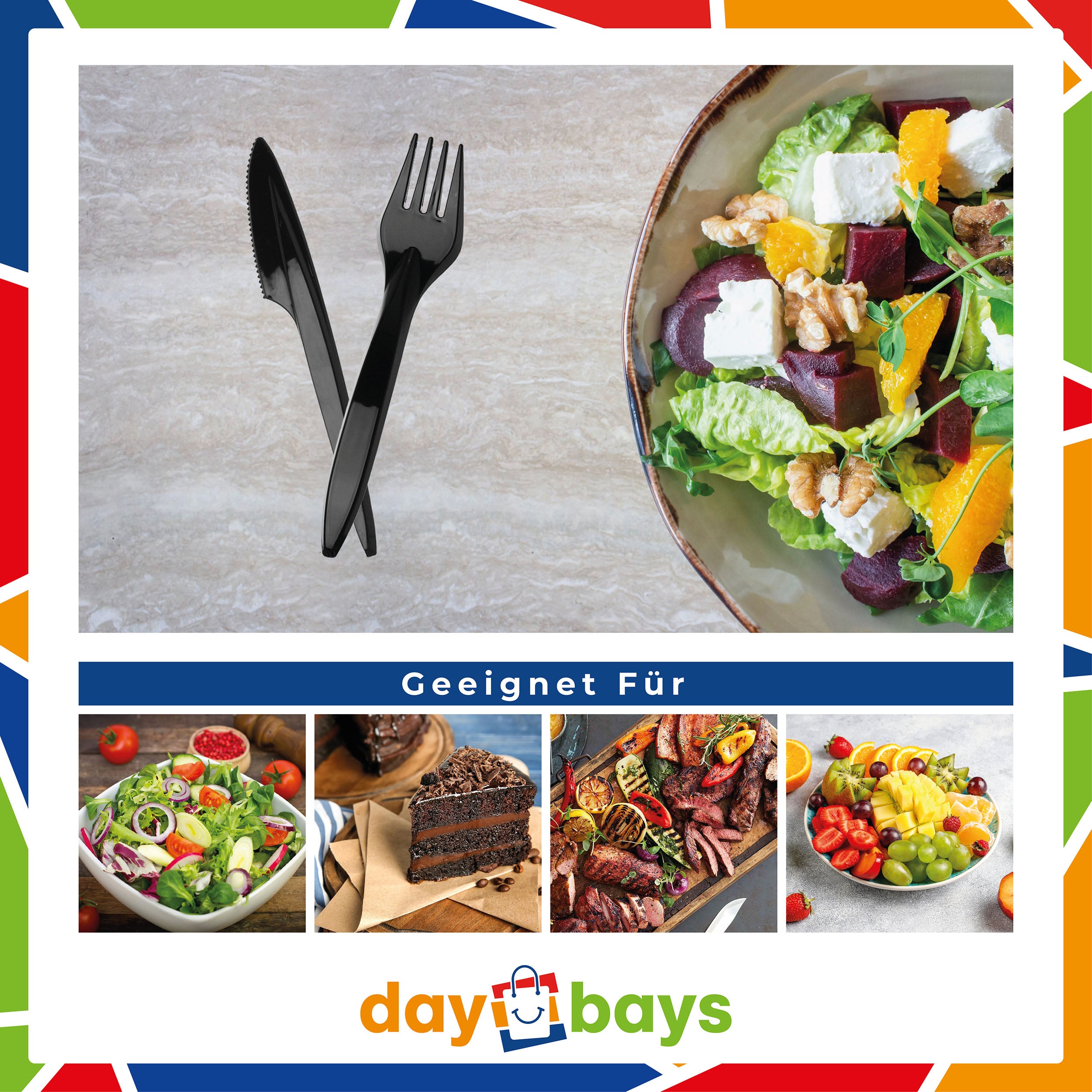 DayBays Plastikbesteck Schwarz 100 Stück – Premium Einwegbesteck 2&