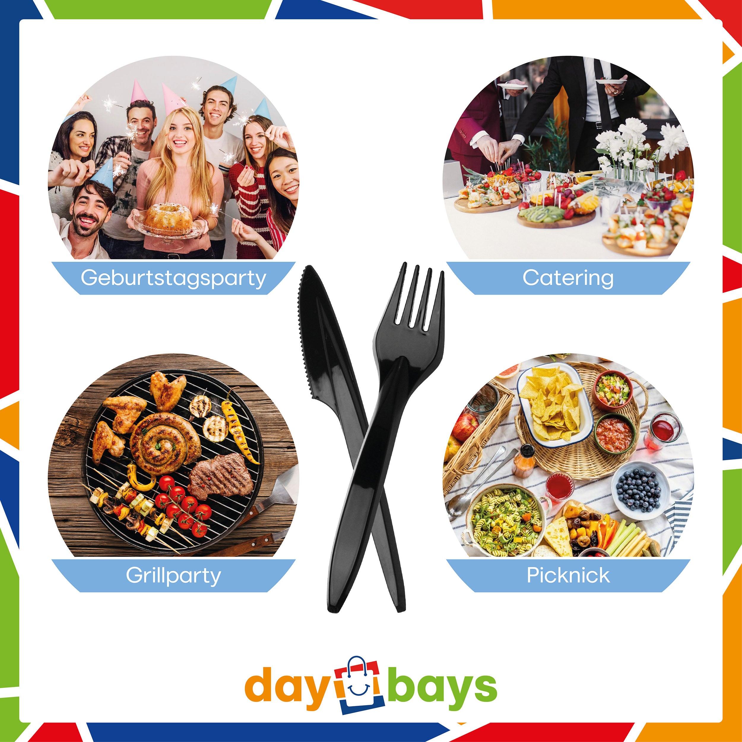 DayBays Plastikbesteck Schwarz 100 Stück – Premium Einwegbesteck 2&