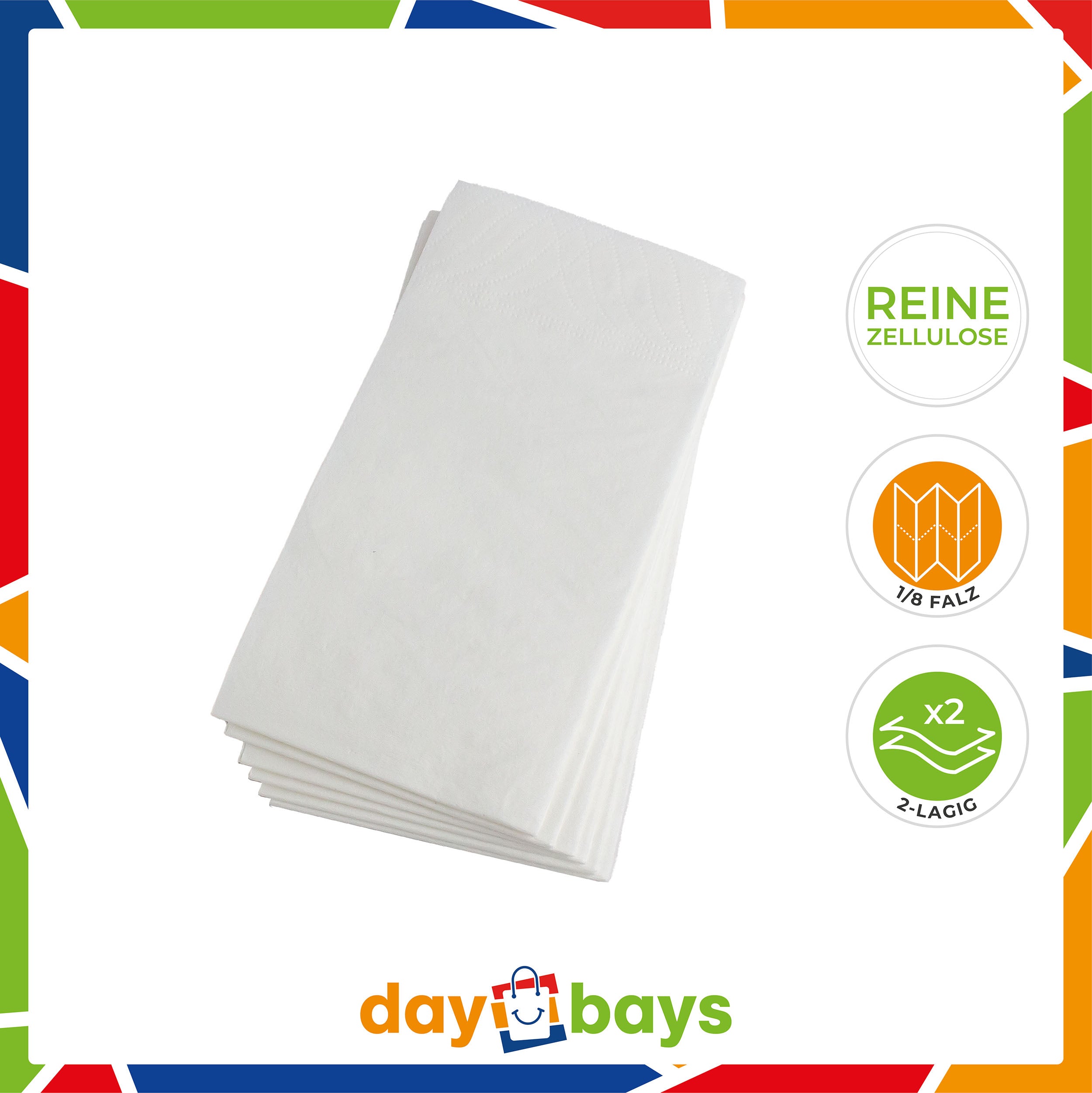 DayBays Servietten Premium 33x33 cm Reine Zellulose 2-lagig 1/8 Falz Weiß