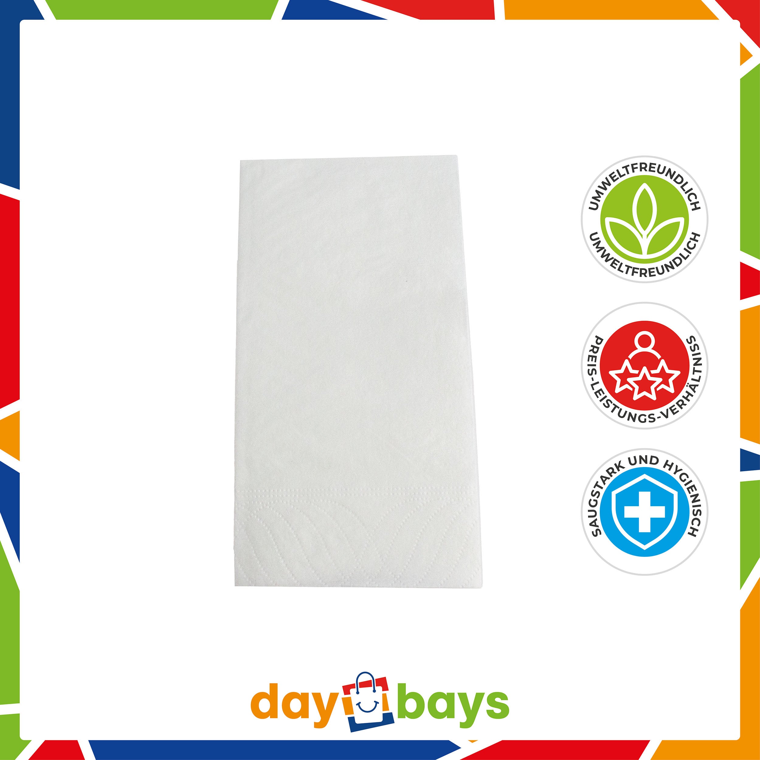 DayBays Servietten Premium 33x33 cm Reine Zellulose 2-lagig 1/8 Falz Weiß