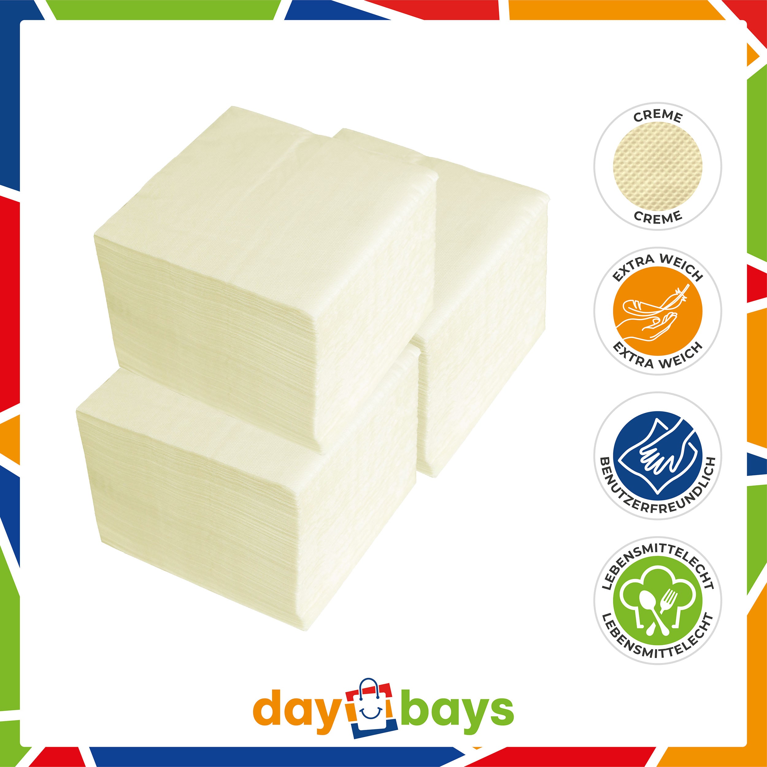 DayBays Servietten Premium 40x40 cm Zellstoff 2-lagig 1/4 Falz Creme