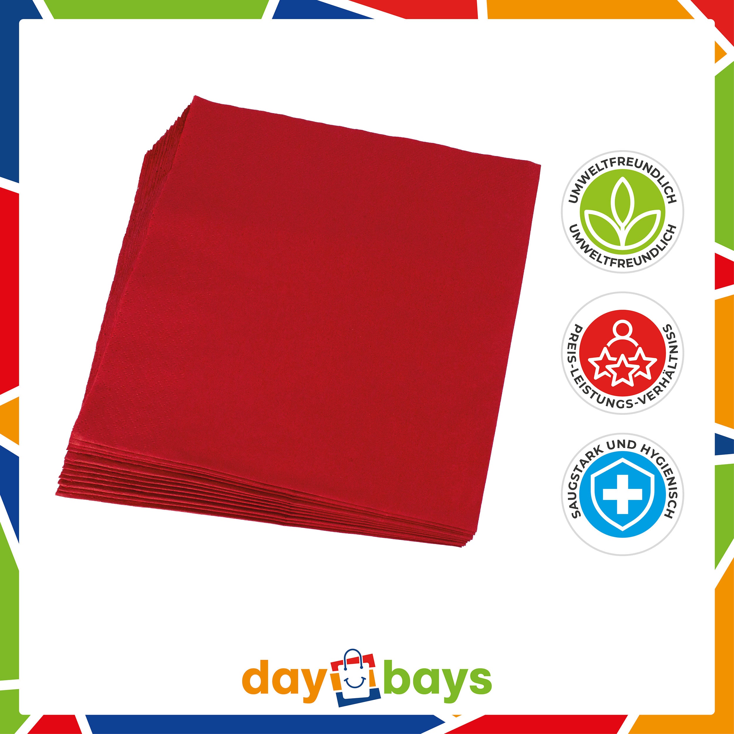 DayBays Servietten Premium 40x40 cm Zellstoff 2-lagig 1/4 Falz Rot