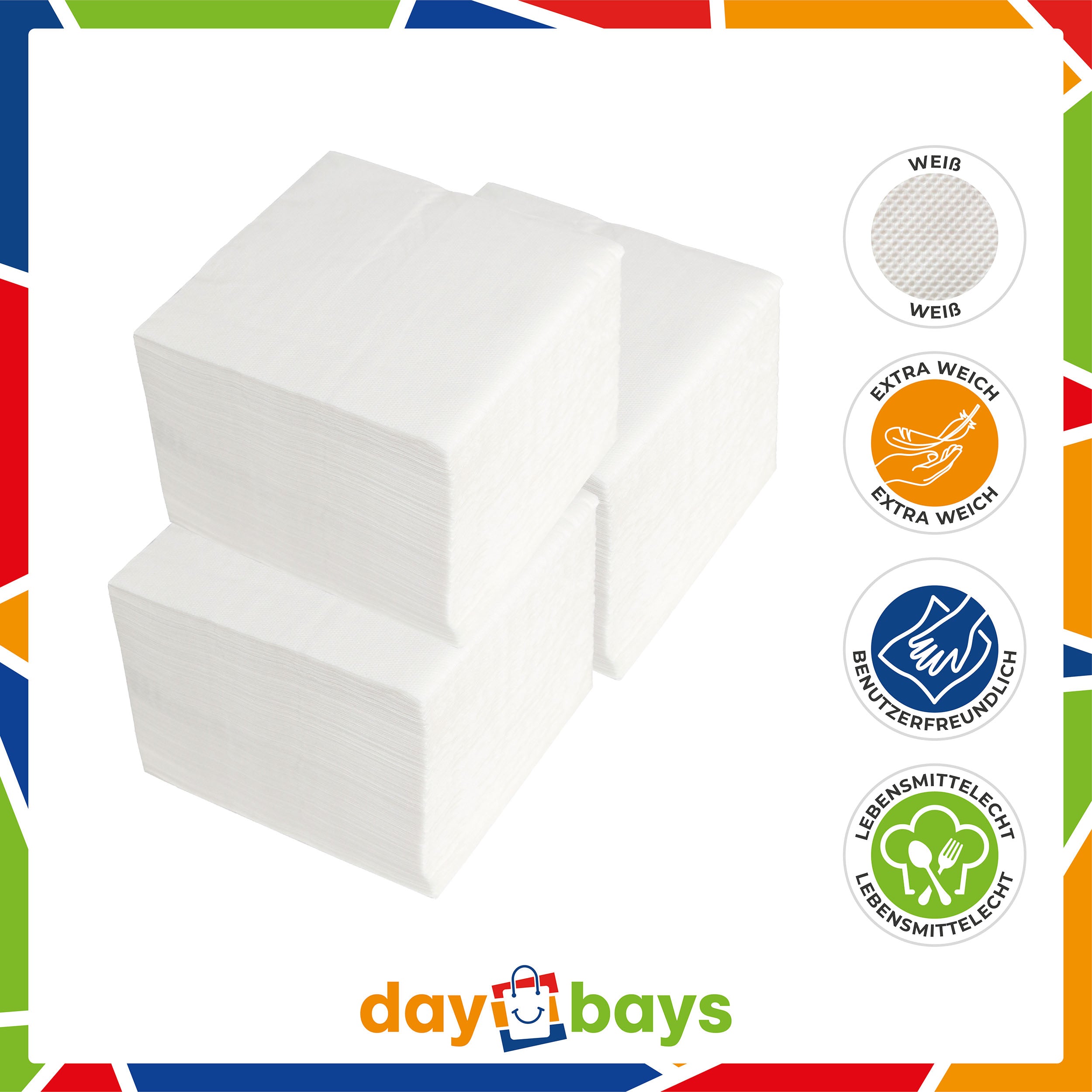 DayBays Servietten Premium 40x40 cm Zellstoff 2-lagig 1/4 Falz Weiß