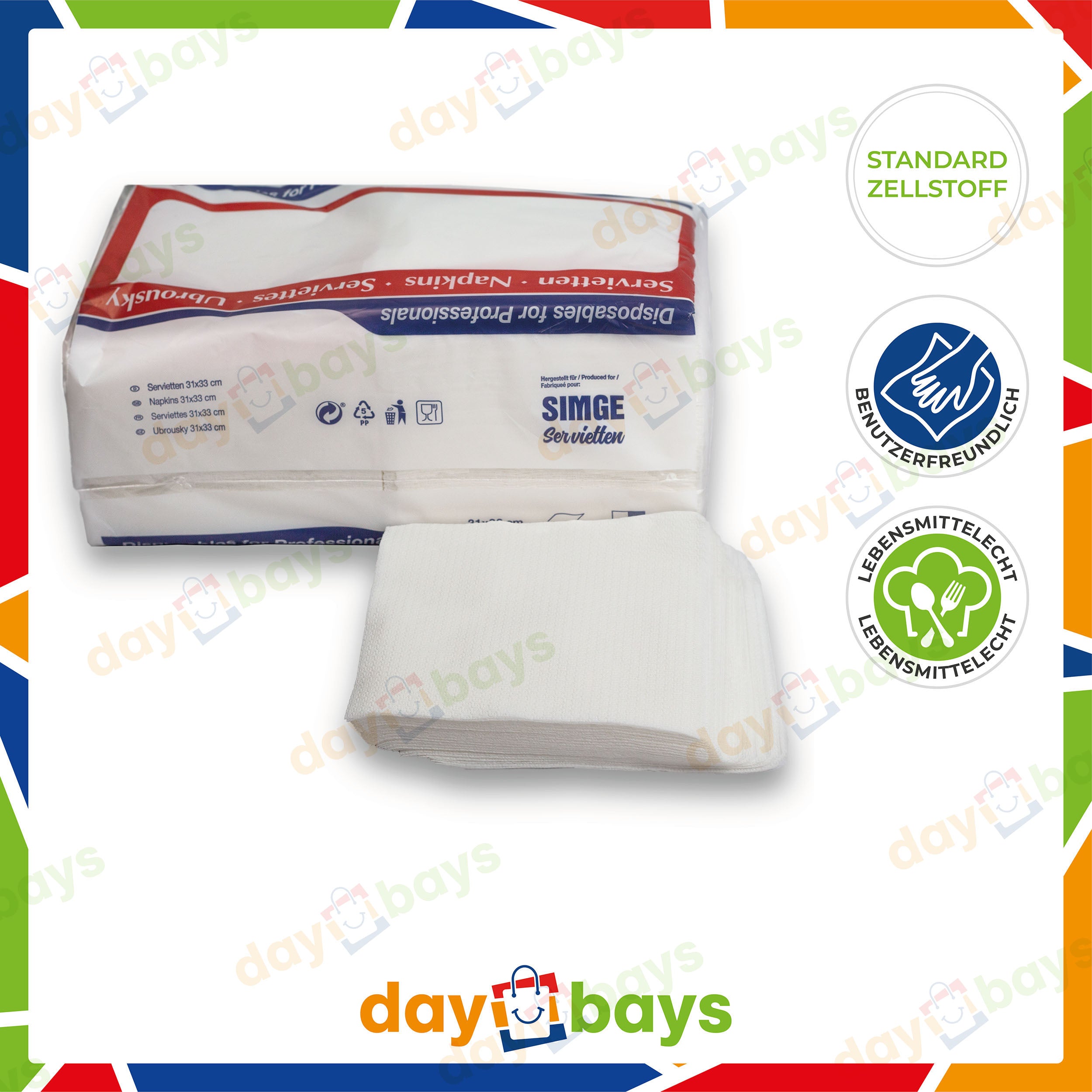 DayBays Servietten Premium 33x33 cm Reine Zellulose 2-lagig 1/4 Falz Weiß